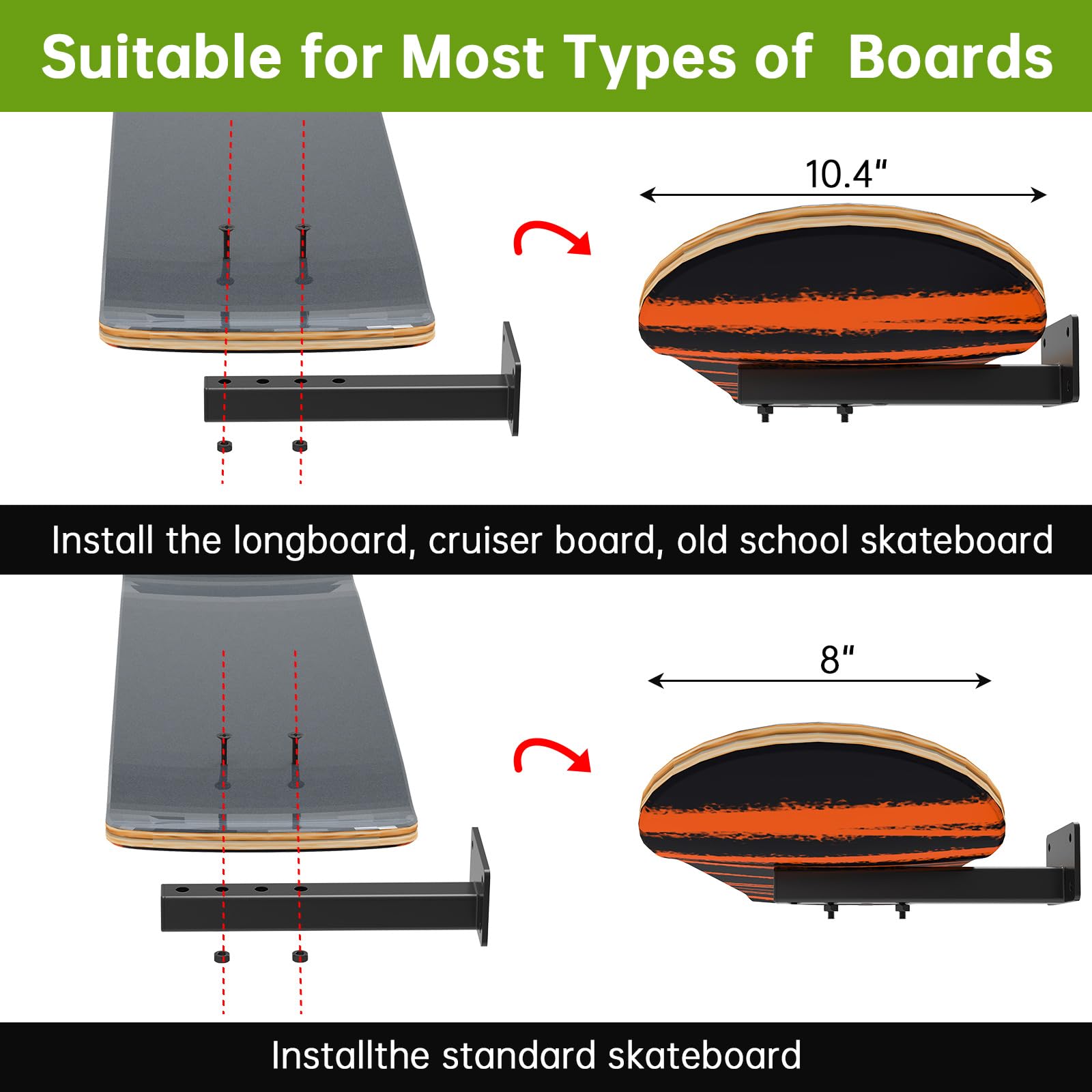 4 Pack Snowboard Wall Mount - Heavy Duty Snowboard & Skateboard Storage Rack with Floating Shelves - Perfect for Garage, Bedroom, or Sports Gear Display (Black) - Ideal for Organizing Snowboards, Skateboards, and Longboards