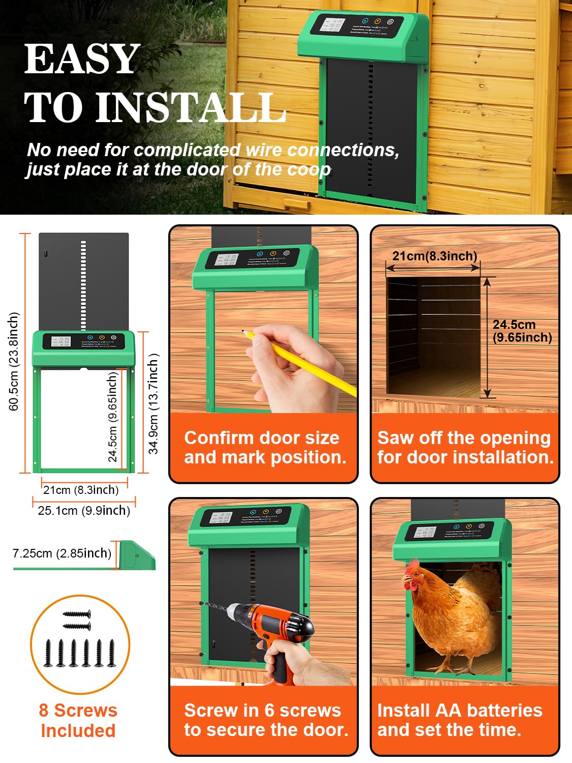 Automatic Chicken Coop Door with Timer & LCD Display - Aluminum Poultry Door with Anti-Pinch Safety Feature (Green) | Perfect for Backyard Chicken Coops, Poultry Farms & DIY Chicken Runs