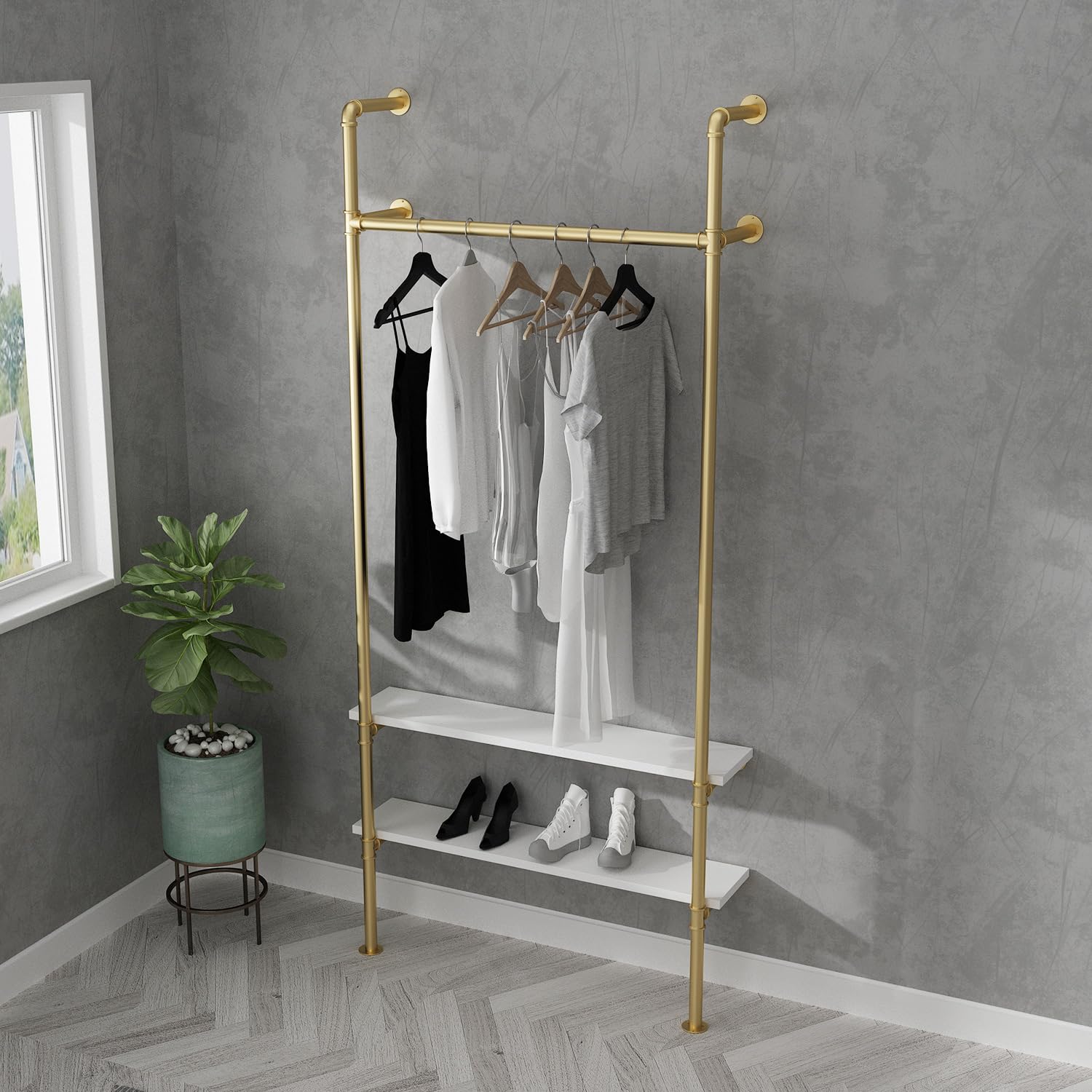 Industrial Pipe Clothing Rack - Heavy Duty Wall Mounted Garment Hanger for Wardrobe, Bedroom & Walk-in Closet - Gold Finish Steel Pipe Clothes Organizer - Perfect for Hanging Coats, Dresses & Seasonal Storage