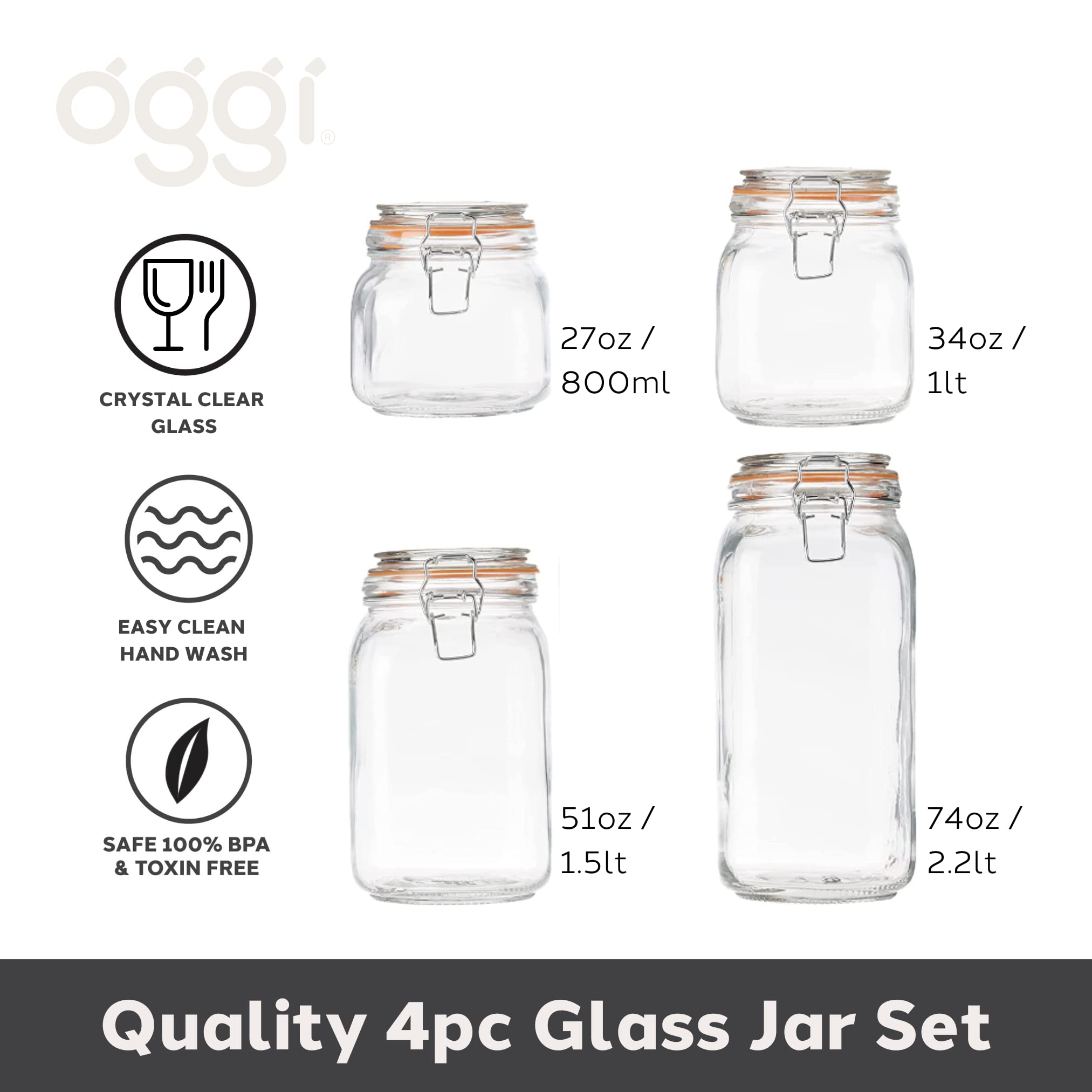 OGGI 4-Piece Airtight Glass Food Storage Containers Set with Clamp Lids & Silicone Seals - Farmhouse Style Kitchen Canisters for Pantry Organization, Flour, Sugar, Coffee, Tea Storage - Perfect for Home Baking & Meal Prep
