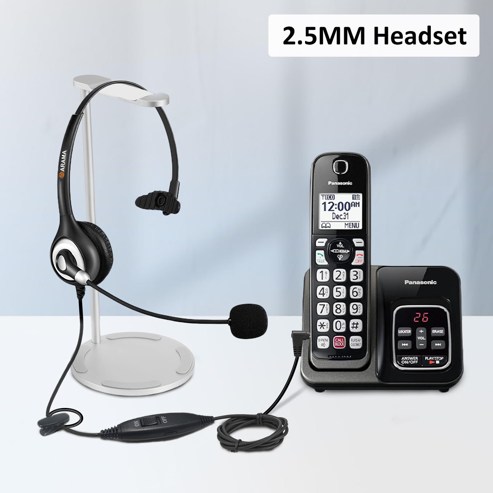 Noise Cancelling 2.5mm Phone Headset with Microphone & Volume Control - Compatible with Panasonic, AT&T, Gigaset, Cisco, Grandstream, Polycom Office Cordless Phones - Perfect for Call Centers, Remote Work & Business Communications