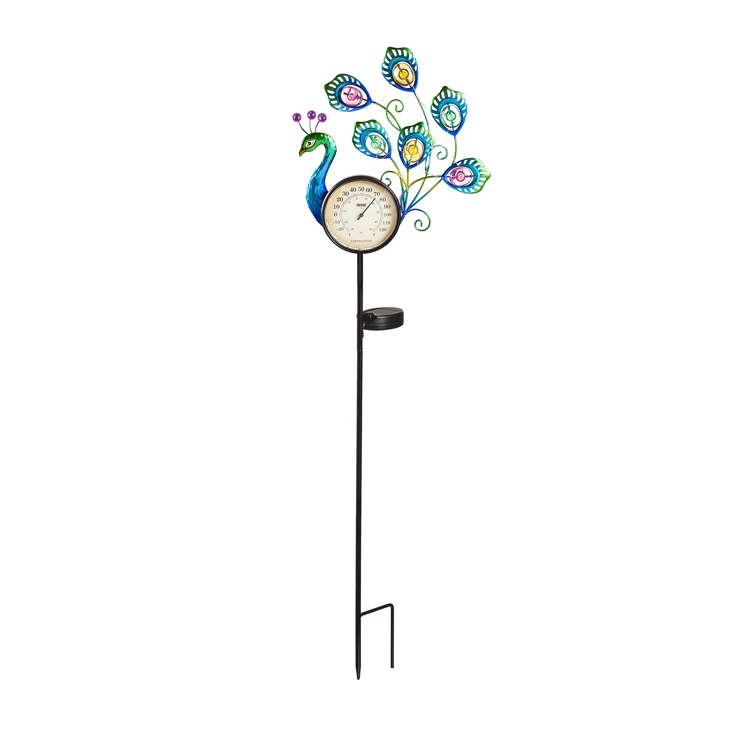 Evergreen 36H Solar Peacock Thermometer Stake - Outdoor Garden Thermometer with Solar Power for Accurate Temperature Readings - Perfect for Lawn, Yard, and Flower Bed Decoration