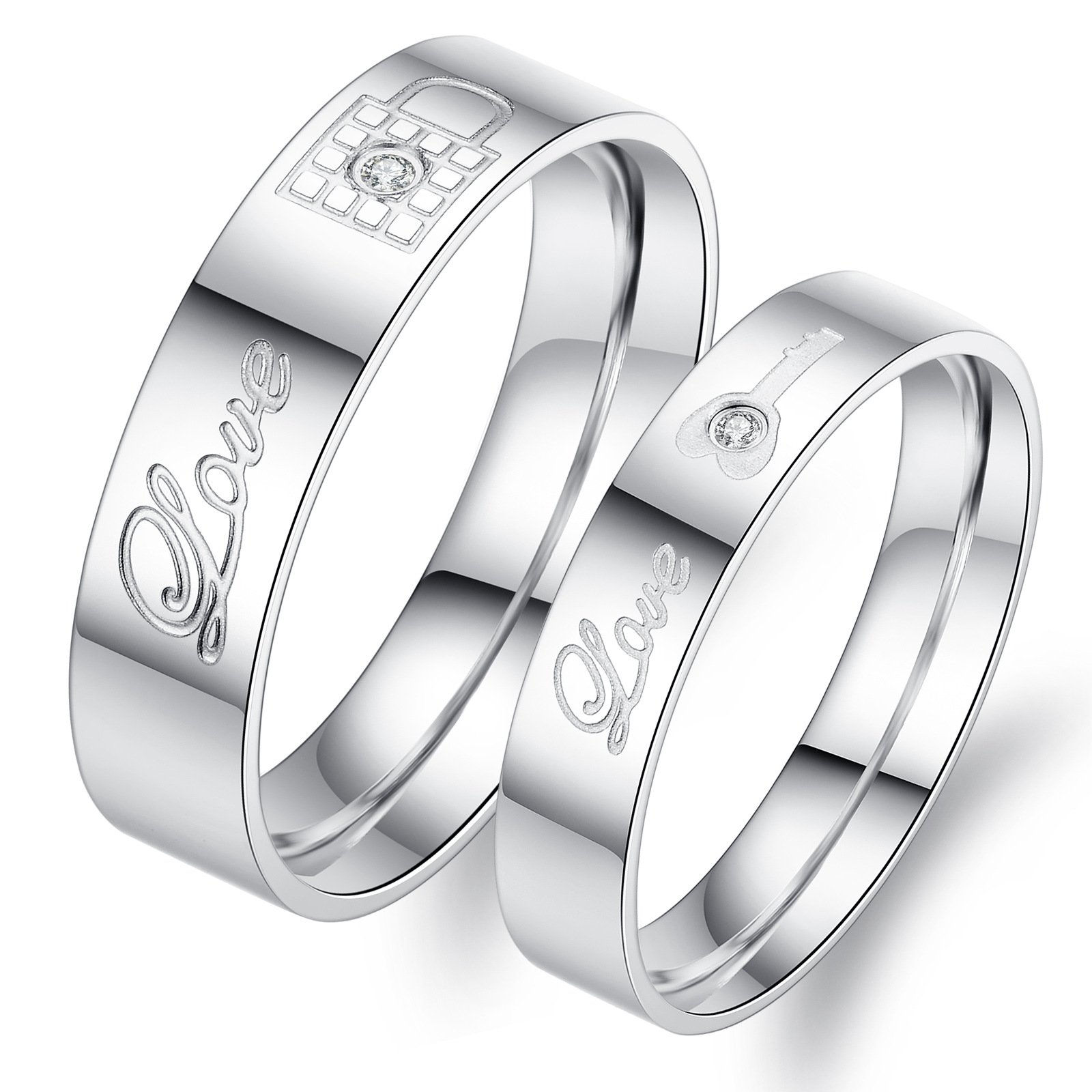 Unique White Titanium Stainless Steel Couple Rings with Love Lock & Key Design, Crystal Inlay Engagement Wedding Bands for Him & Her - Perfect for Anniversaries, Valentine's Day Gifts and Romantic Proposals