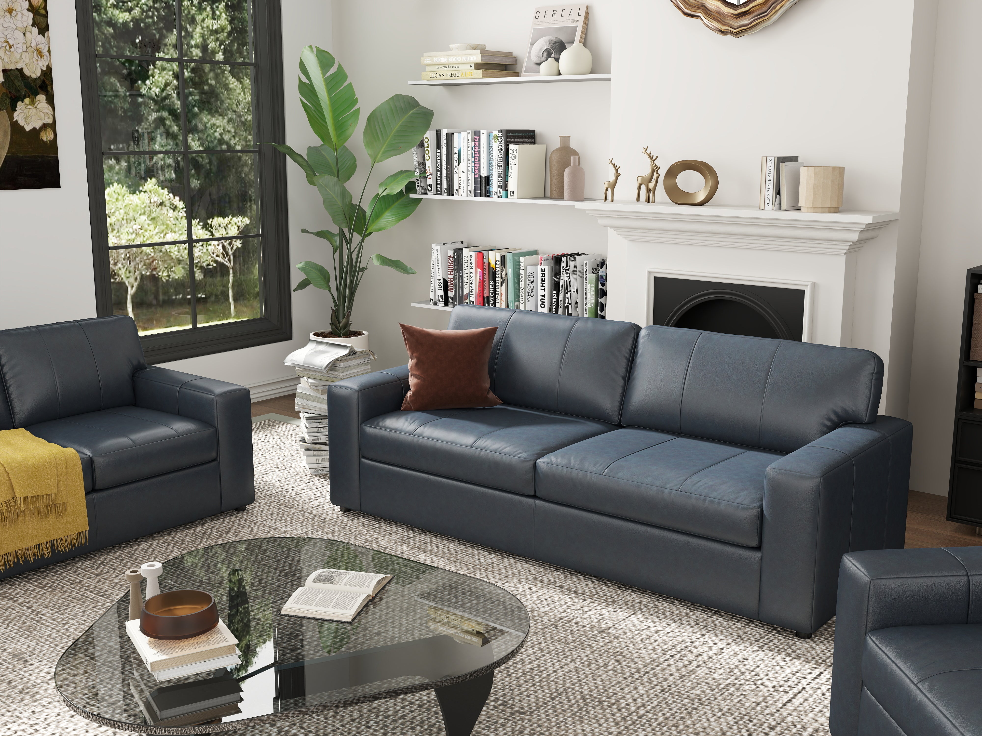 Roundhill Furniture Sakan Genuine Leather Upholstered Living Room Set - Sofa, Loveseat & Chair - Modern Sectional Couch for Home Theater, Family Room & Lounge Areas