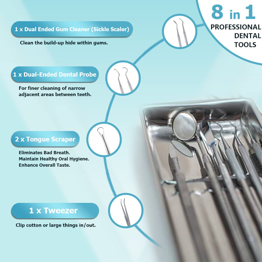 KOHEEL Professional Dental Tools Set with Metal Case - Teeth Cleaning Kit for Plaque Removal, Oral Hygiene Care & Stainless Steel Toothpicks - Reusable Dental Floss Picks & Tooth Picker (1 Pack) - Perfect for Home Dental Care, Travel & Professional Use