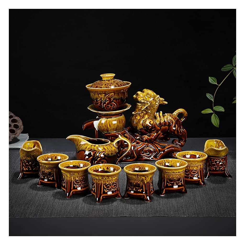 Premium Ceramic Semi-Automatic Kung Fu Tea Set - Chinese Style Lazy Tea Pot for Home & Party Use | Retro Design | Perfect for Relaxation, Social Gatherings & Cultural Tea Ceremonies (Color: E)