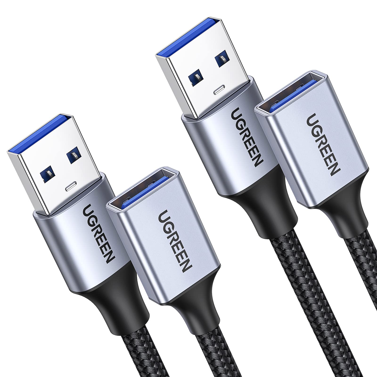 UGREEN 2 Pack USB 3.0 Extension Cable (1.5 FT Each) - Nylon Braided USB Extender for Webcam, Camera, Phone, USB Hub, Mouse, Keyboard, Printer, Hard Drive & Headset - Perfect for Home Office, Gaming Setup & Computer Accessories Extension