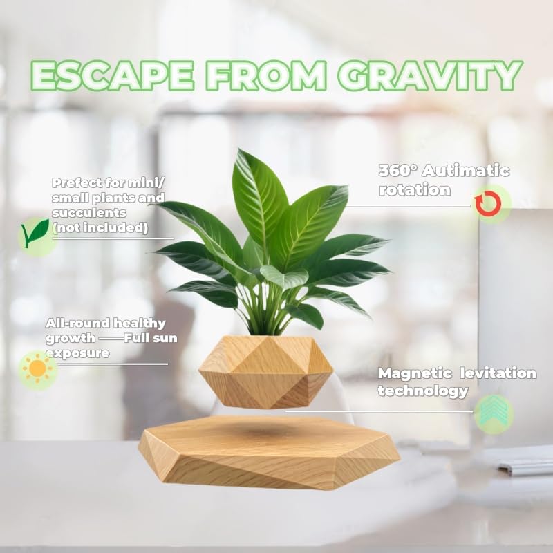 Levitating Plant Pot - Small 360° Rotating Floating Flower Pot for Home & Office Decor | Unique Levitating Display for Desk, Shelf or Tabletop | Perfect for Succulents, Air Plants & Small Decorations (Yellow)
