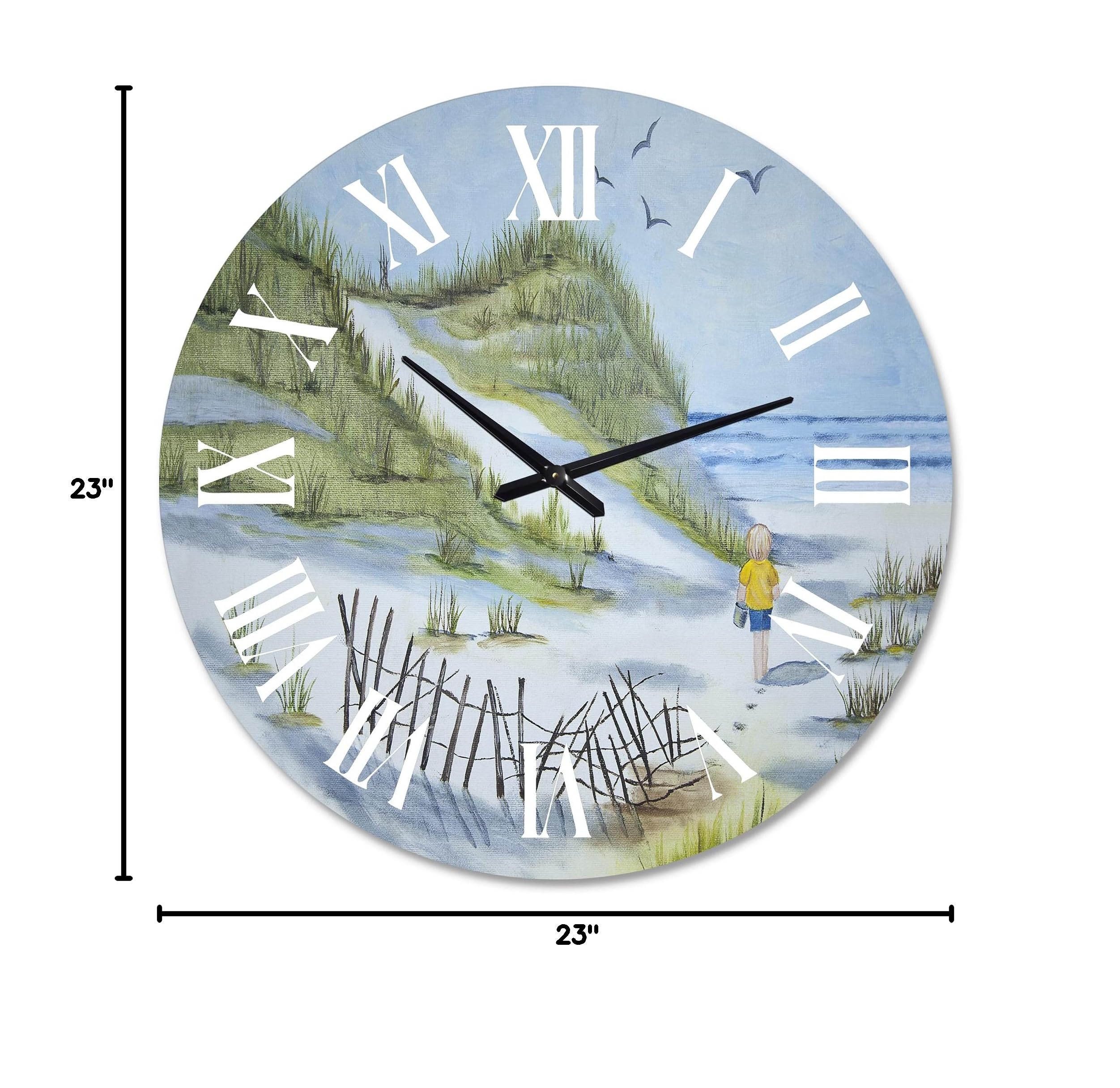 DesignQ Nautical Coastal Wall Clock - 'Child Walking on Beach' Blue Round Clock for Bedroom, Living Room, Office Decor | Perfect for Beach House, Coastal Theme & Home Interior Design