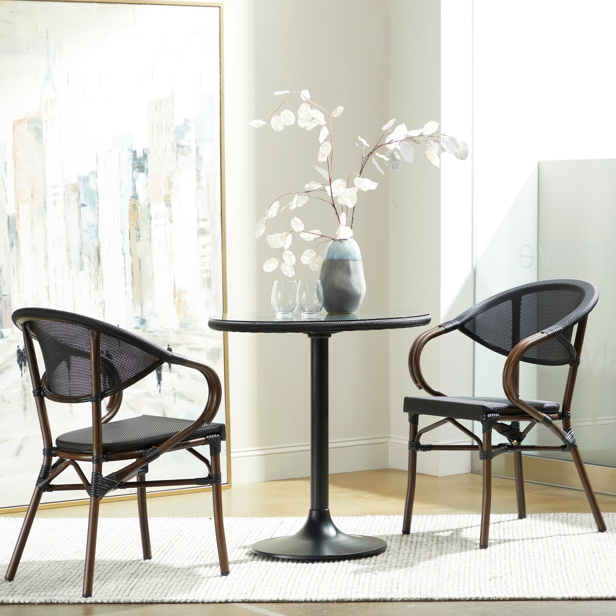 Jannie Stacking Armchair Set of 2 - Black Mesh & Brown Wood Frame Modern Dining Chairs 90392BLK - Perfect for Restaurants, Cafes, and Home Dining Rooms