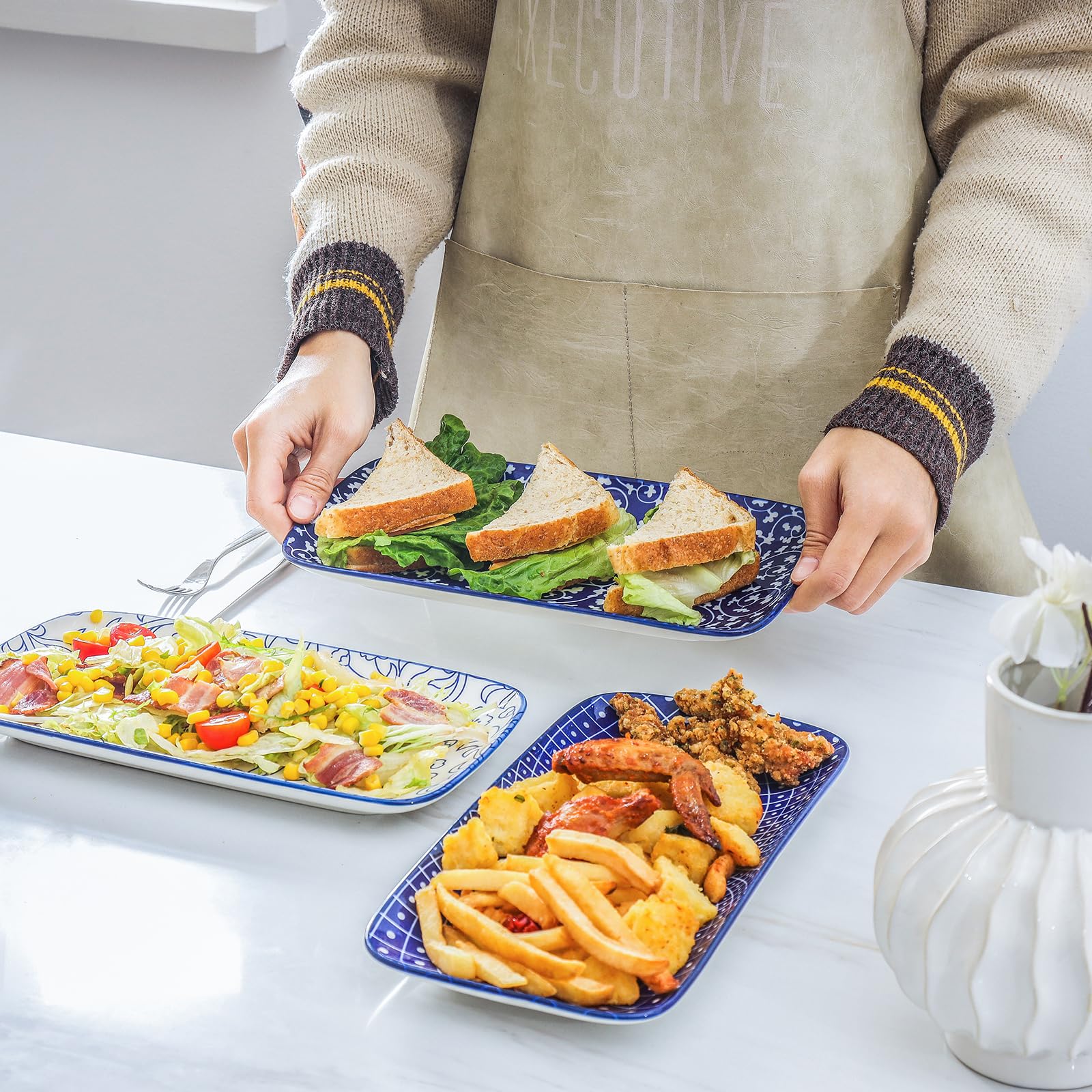 Selamica 12 Inch Ceramic Serving Platters - Set of 6 Large Rectangular Party Trays for Food Display, Appetizers & Entertaining - Vintage Blue Dinnerware for Weddings, Buffets & Holiday Gatherings
