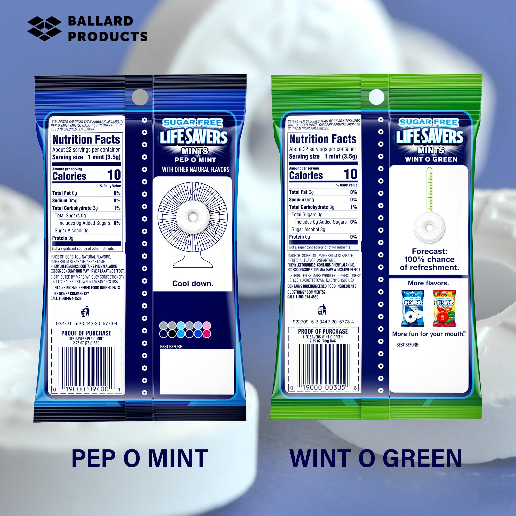 Sugar Free Lifesavers Mints Variety Pack - 2 Flavors (Wint O Green & Pep O Mint) - Refreshing Breath Mints for Work, Travel & After Meals - Ballard Products Pocket Bag (2 Pack)