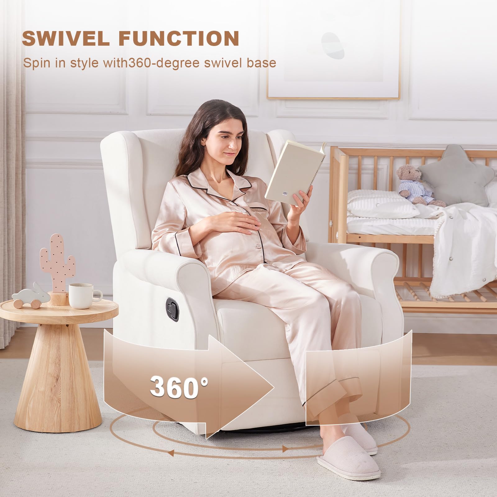 360° Swivel Glider Rocking Recliner Chair with Footrest - Manual Nursing Rocker for Nursery & Living Room - Soft Beige Fabric - Perfect for Breastfeeding, Reading & Relaxing
