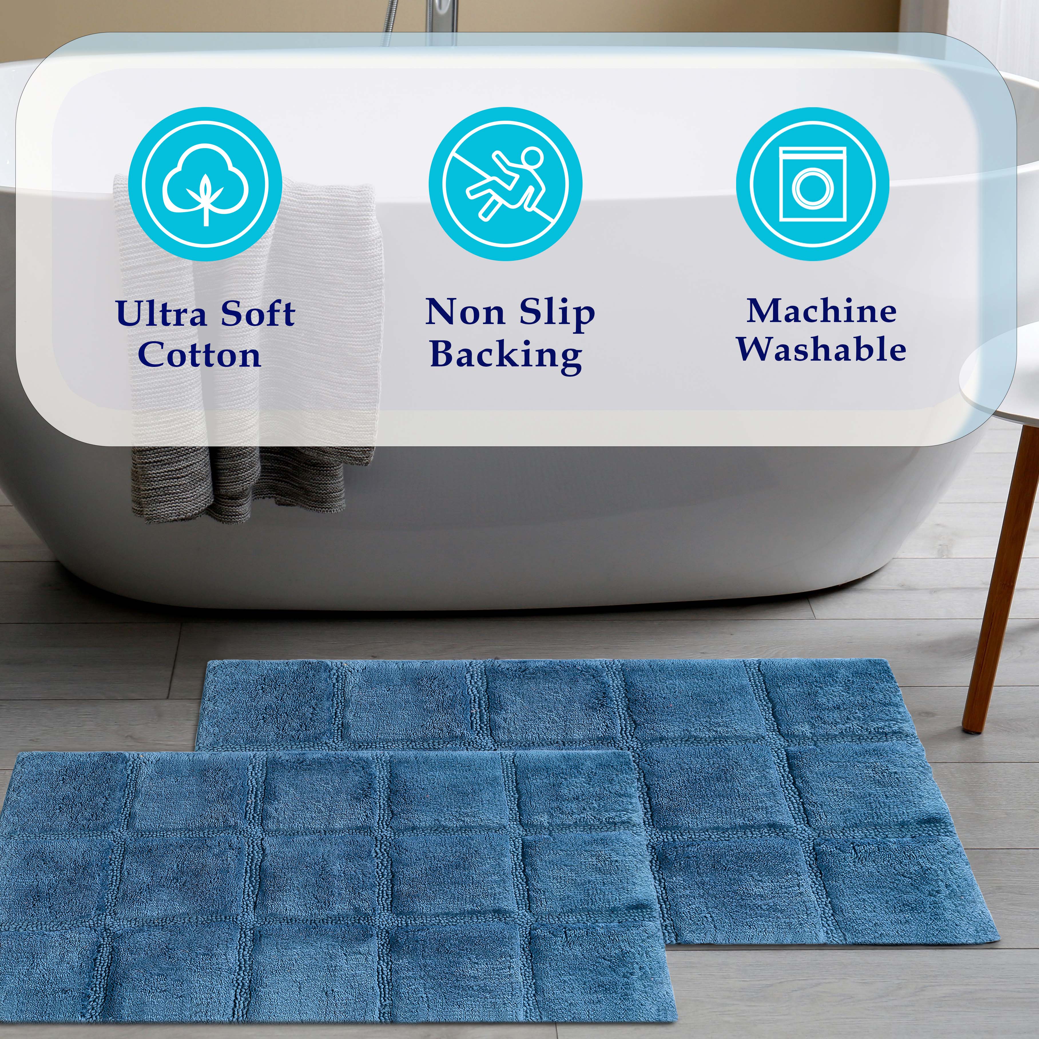 Premium 2-Piece Cotton Bath Rug Set - Soft, Non-Slip Checkered Design for Bathroom Safety and Comfort - Perfect for Bathroom, Shower, and Vanity Areas
