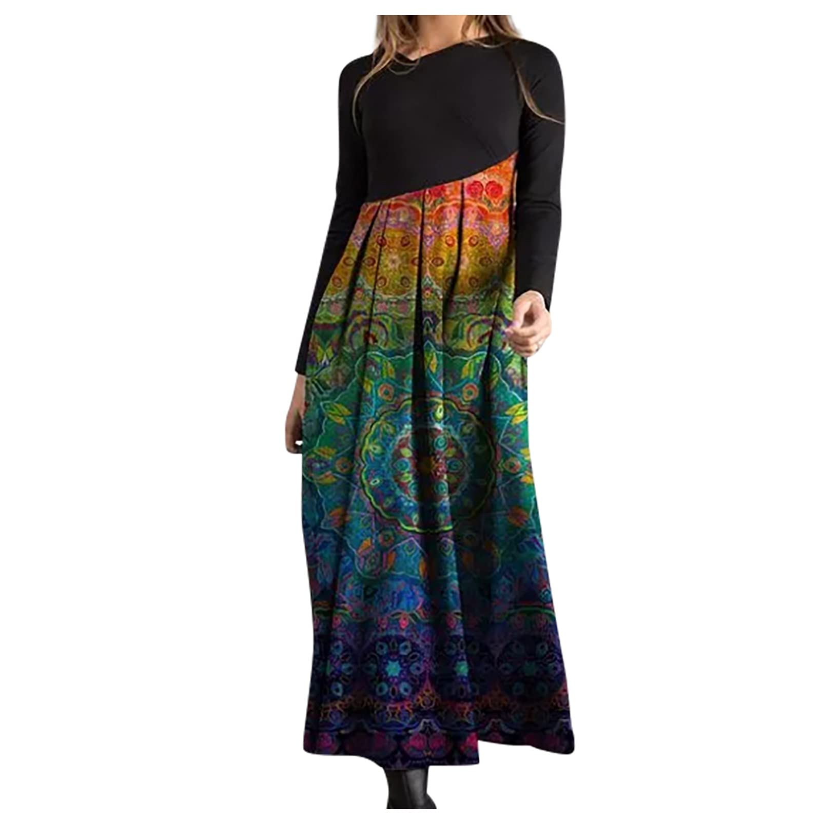 HAOREEKZ Women's Bohemian Printed Long Sleeve Dress - Fall & Winter Casual Slim Fit Maxi Dress for Autumn Outfits | Perfect for Parties, Date Nights & Holiday Gatherings