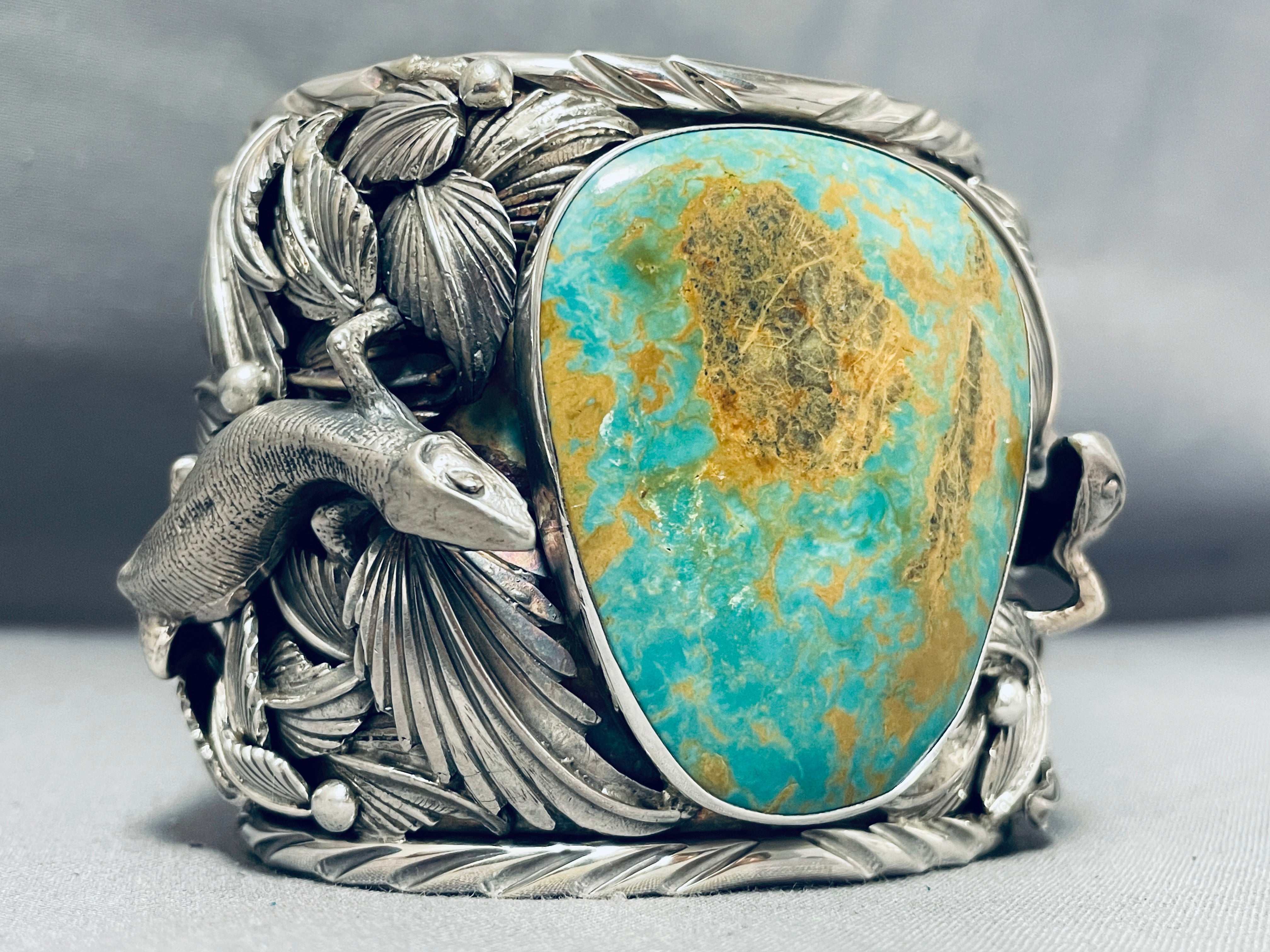 227 Gram Heavy Lizard Royston Turquoise Sterling Silver Bracelet for Women - Handmade Southwest Native American Jewelry for Boho Fashion & Gift Giving