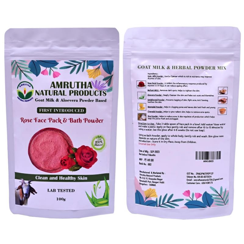 **Amrutha Natural Goat Milk & Aloe Vera Powder with Rose Extract Face Pack & Bath Powder – Cleanses Skin, Reduces Pimples, Acne, Marks & Scars – Suitable for All Skin Types – 100g (Pack of 2) | Perfect for Daily Skincare & Relaxing Baths**