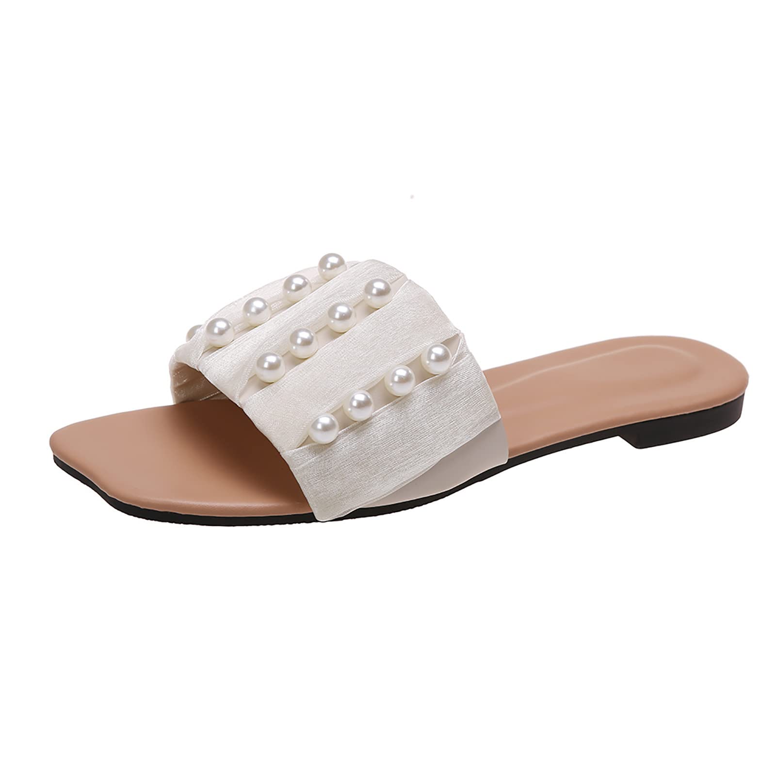 Zrayuler Women's Fashion Lightweight Flat Sandals with Pearl Decoration - Comfortable Casual Slippers for Women in Black | Perfect for Home, Beach, and Summer Outfits