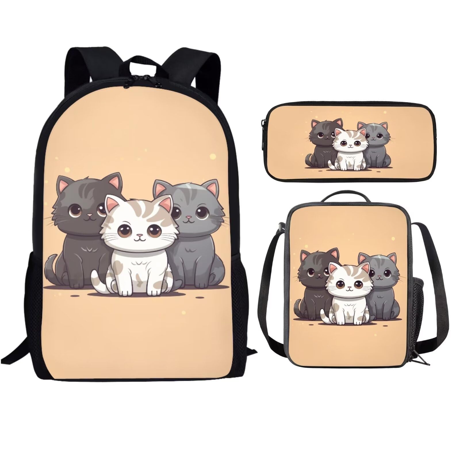 **Cute Cat Themed School Backpack Set for Kids 7-12 Years - Includes Lunch Bag & Pencil Case - Durable 17 Inch Bookbag for Elementary & Middle School Students - Perfect for Daily Use, School Trips & Outdoor Activities**
