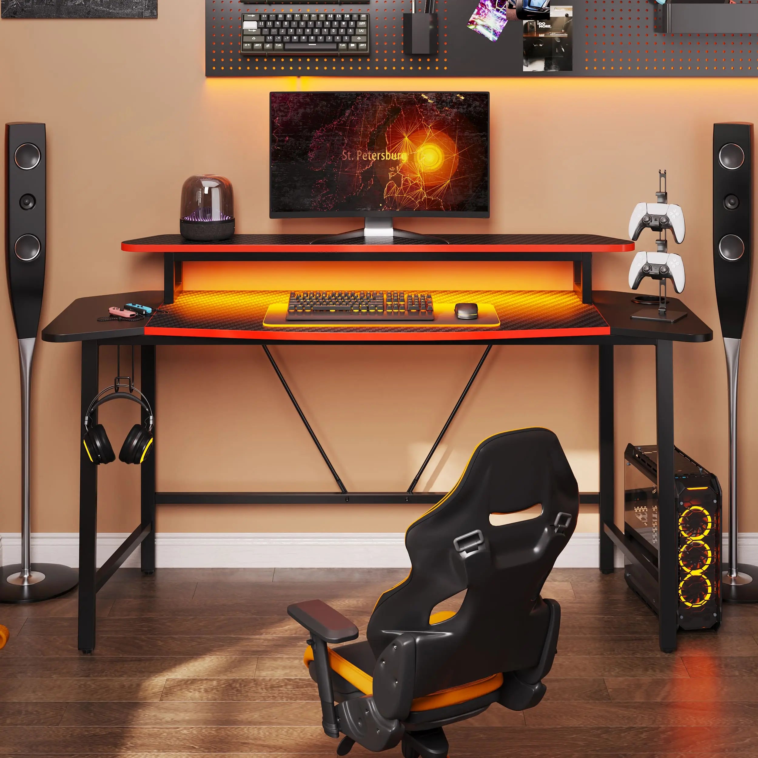 Bestier 63 Inch LED Gaming Desk with Monitor Stand & Headphone Hook - Ergonomic Computer Desk for PC Gaming Setup, Home Office & Streaming Station