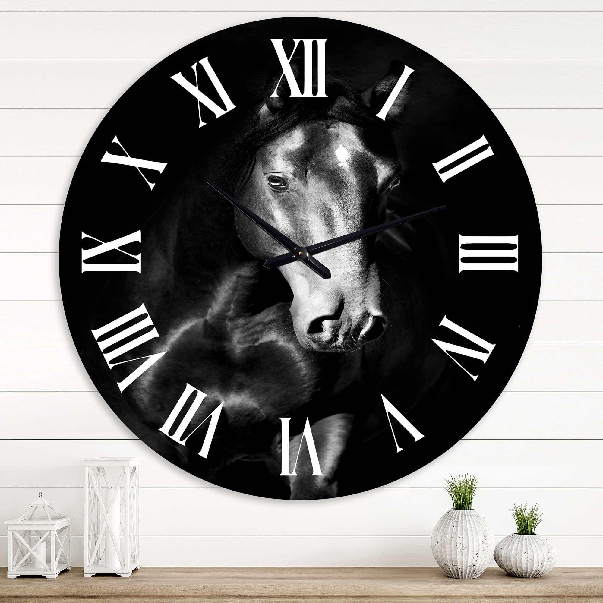 Farmhouse Wall Clock with Black Kladruby Horse Portrait - Large Rustic Wall Clock for Home, Office & Living Room Decor - Perfect for Farmhouse, Vintage & Animal Lover Interiors