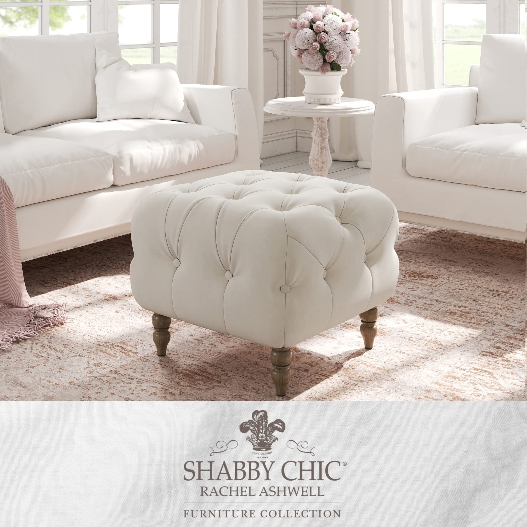 Shabby Chic Lemaire Cocktail Ottoman - Velvet Button Tufted Upholstered Footstool with Bun Shaped Legs in Beige | Living Room Decor, Bedroom Accent, Lounge Seating