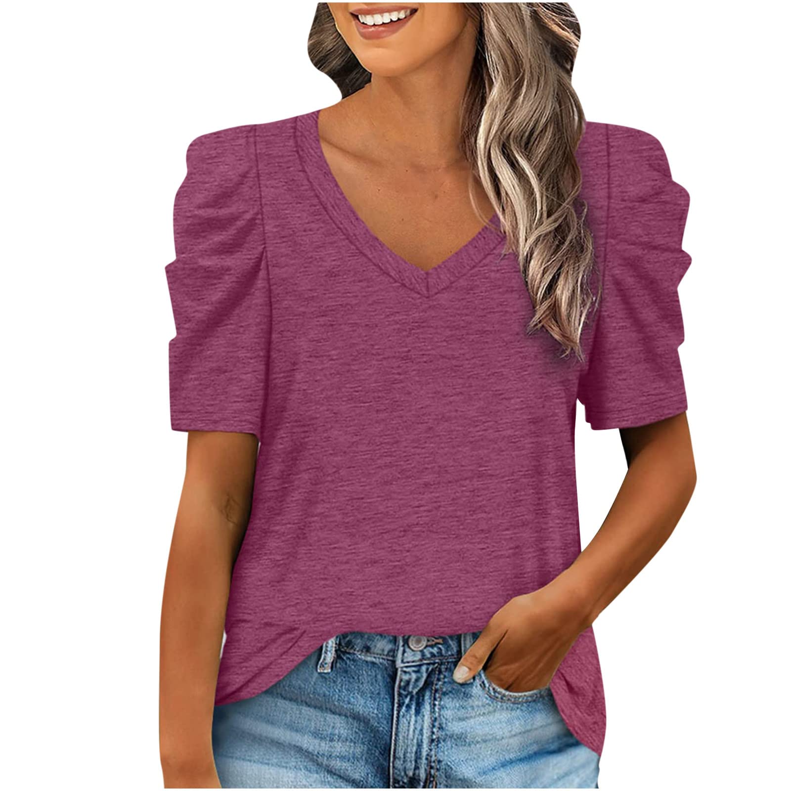 MIANHT Women's Summer Short Sleeve T-Shirt - Casual Solid Color V-Neck Puff Sleeve Blouse | Perfect for Beach Outings, Date Nights & Summer Vacations