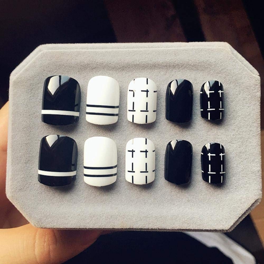 HUJL Short Black & White False Nails with Stripes & Dotted Design - Press On Nail Tips for Easy Nail Art | Perfect for Parties, Weddings & Everyday Wear