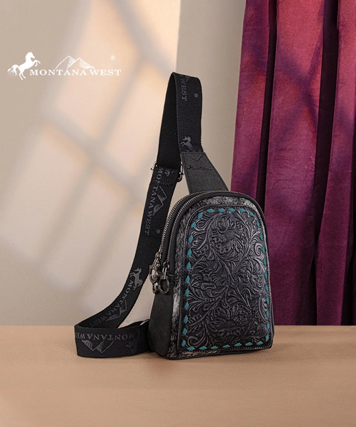 Montana West Tooled Leather Concealed Carry Sling Bag for Men & Women - Crossbody Shoulder Bag with Hidden Gun Pocket - Perfect for Hiking, Travel & Everyday Use