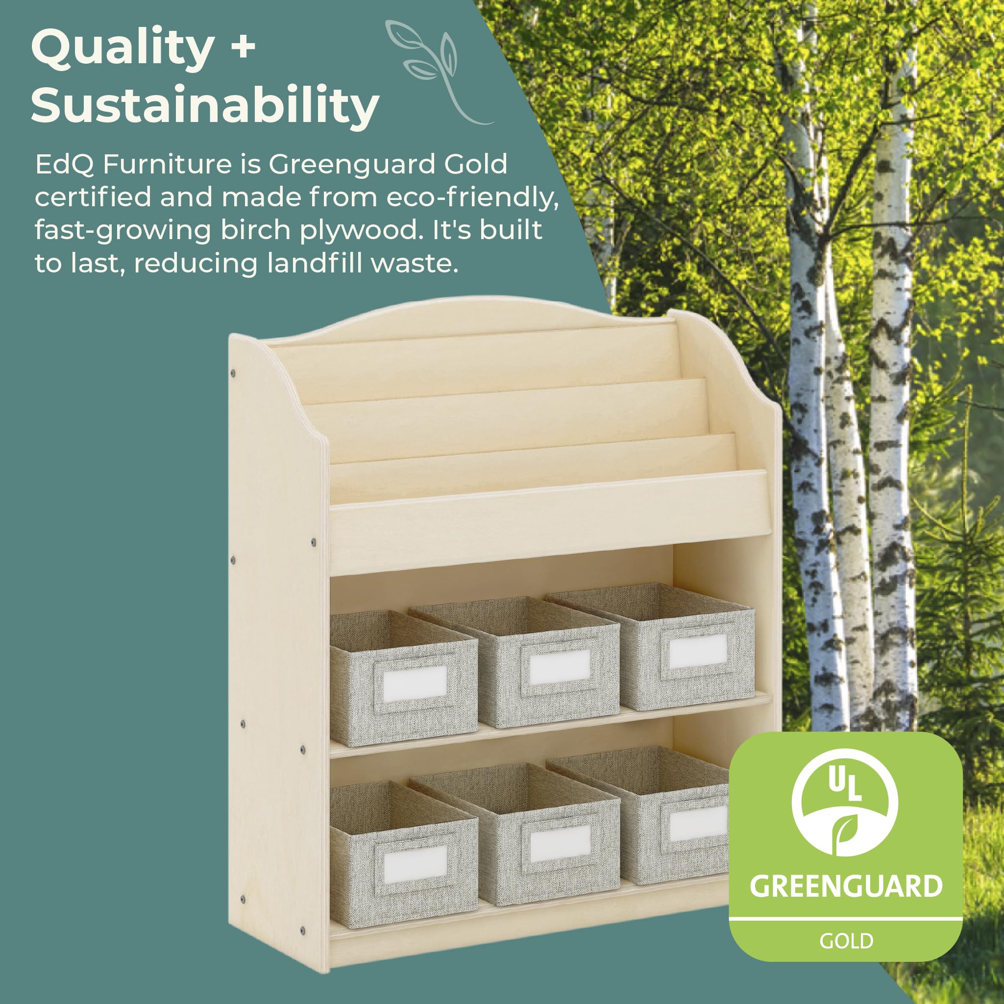 Guidecraft EdQ Book and Bin Browser Natural - 6 Fabric Storage Bins for Kids, Book Display & Toy Organizer - Classroom & Playroom Storage Furniture for Books, Toys & School Supplies