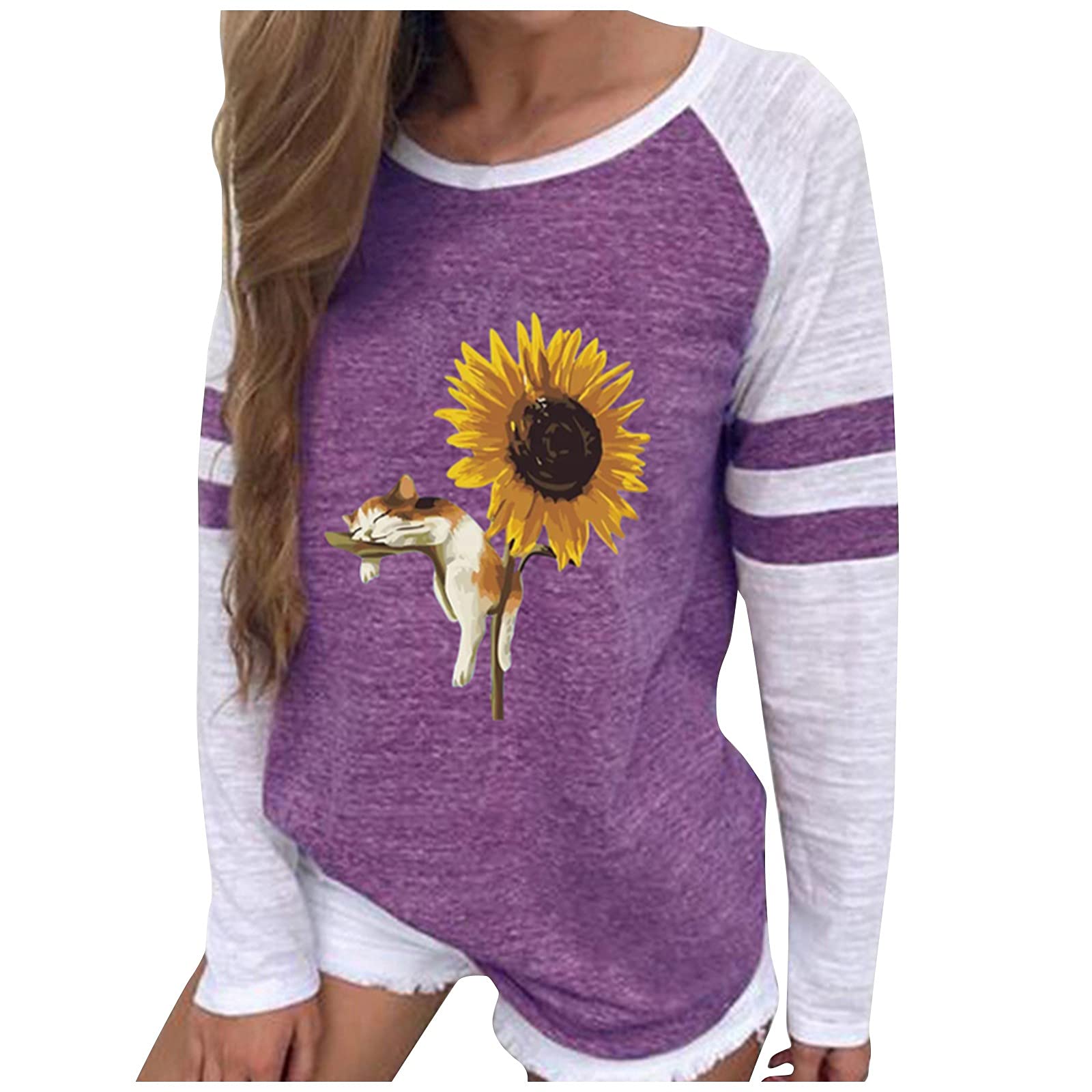 UODSVP Women's Casual Cat Print Long Sleeve T-Shirt - Fashion Round Neck Loose Blouse for Everyday Wear, Work & Weekend Outfits