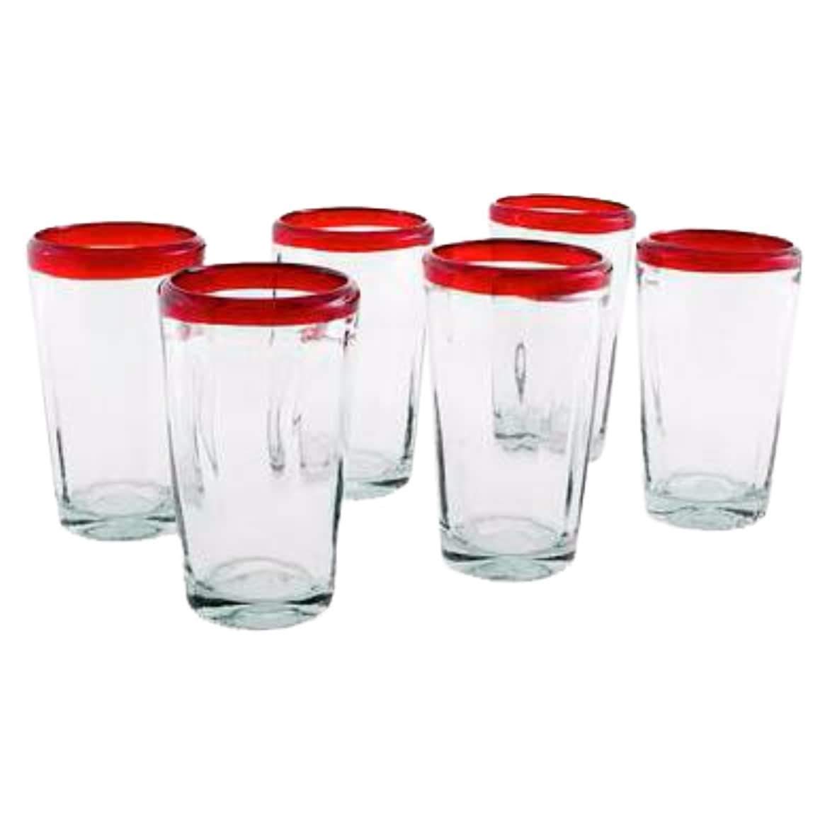 Handmade Set of 6 'Ruby Groove' Blown Glass Tumblers - Artisan Crafted in Mexico - Vibrant Red Drinking Glasses for Cocktails, Juice & Home Decor