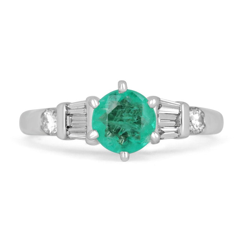14K Colombian Emerald Ring - 1.10tcw Round Cut & Tapered Baguette Semi-Transparent Gold Jewelry for Women | Perfect for Engagement, Wedding, Anniversary & Special Occasions