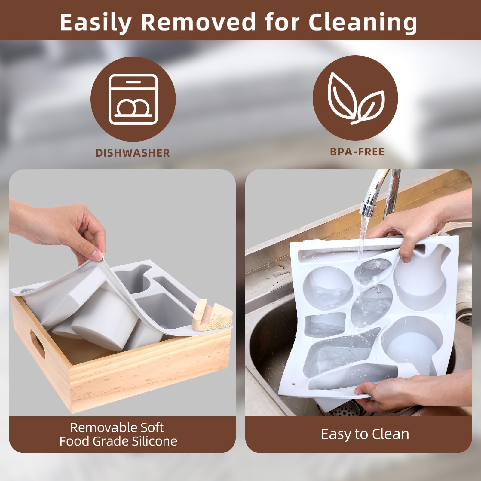 Soft Silicone Wooden Couch Cup Holder Tray with Handle - Anti-Spill Sofa Caddy for Snacks, Beverages & Remote Control - Perfect for Living Room, Bed, Car and Beach (Beige) - Home & Travel Organizer