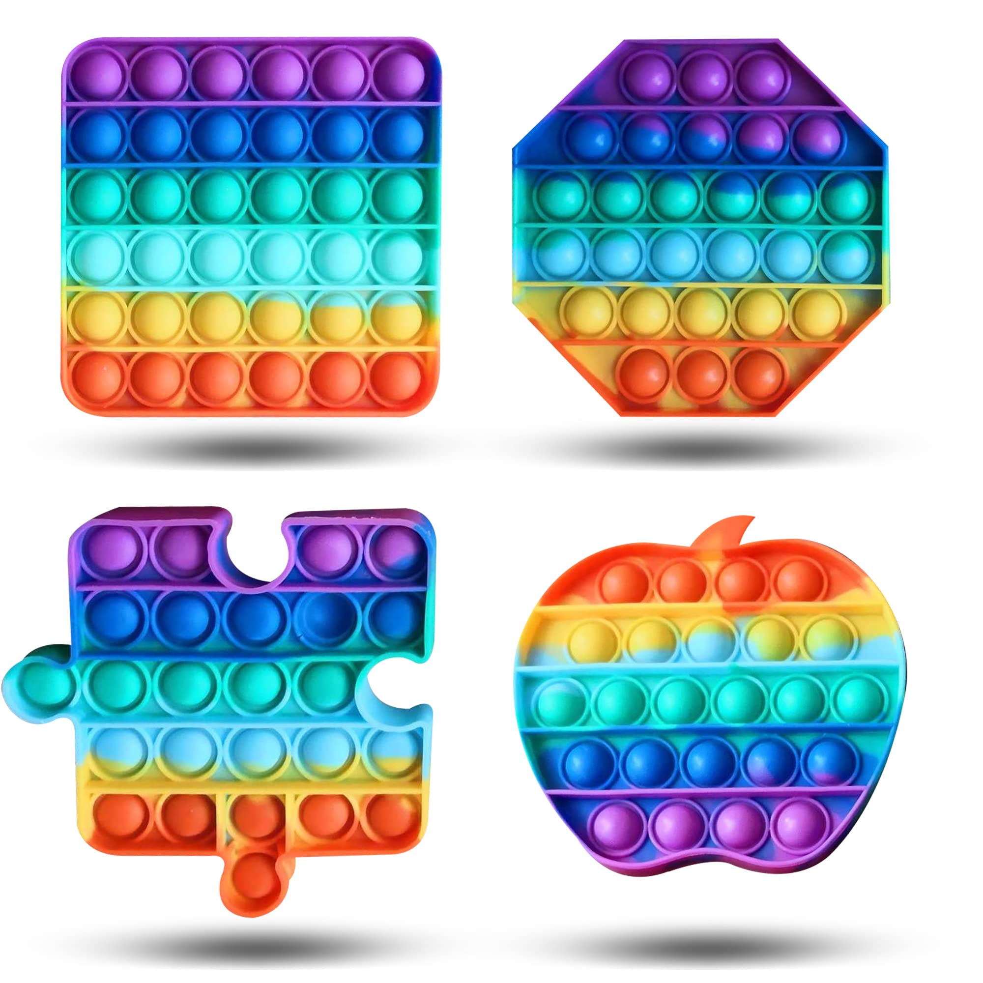 Enovoe 4 Pack Pop Fidget Toys for Kids & Adults - Stress Relief Sensory Toys with Rainbow Bubble Poppers (Square, Octagon, Apple Shapes) - 6.77 x 6.5 x 3.11 Inch - Perfect for ADHD, Anxiety Relief & Classroom Focus