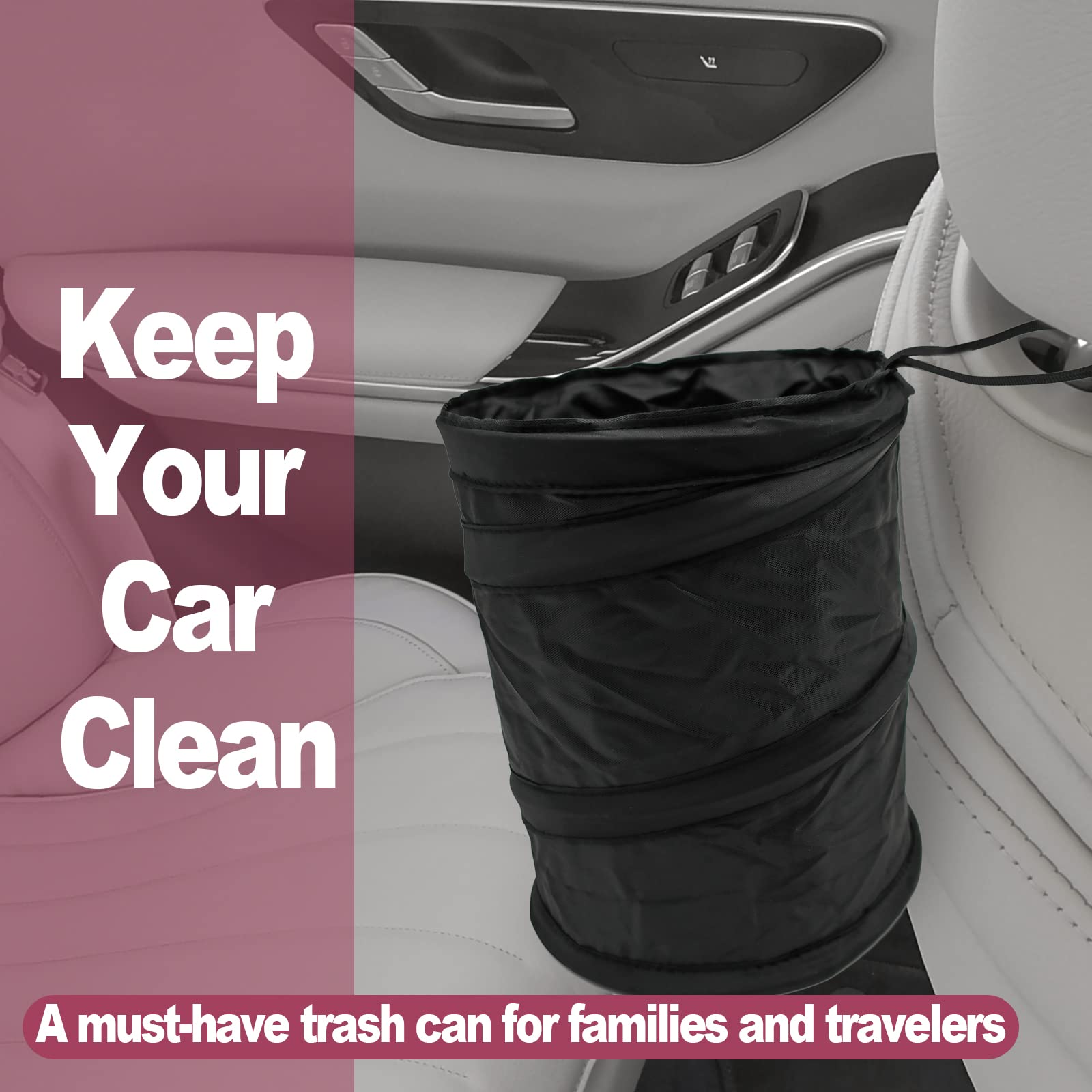 Waterproof Collapsible Car Trash Can - Hanging Pop-Up Vehicle Garbage Bin for Cars, Trucks, SUVs & Minivans | Portable Oxford Cloth Trash Bag | Perfect for Road Trips, Commuting & Family Travel (1 Pack, Black)