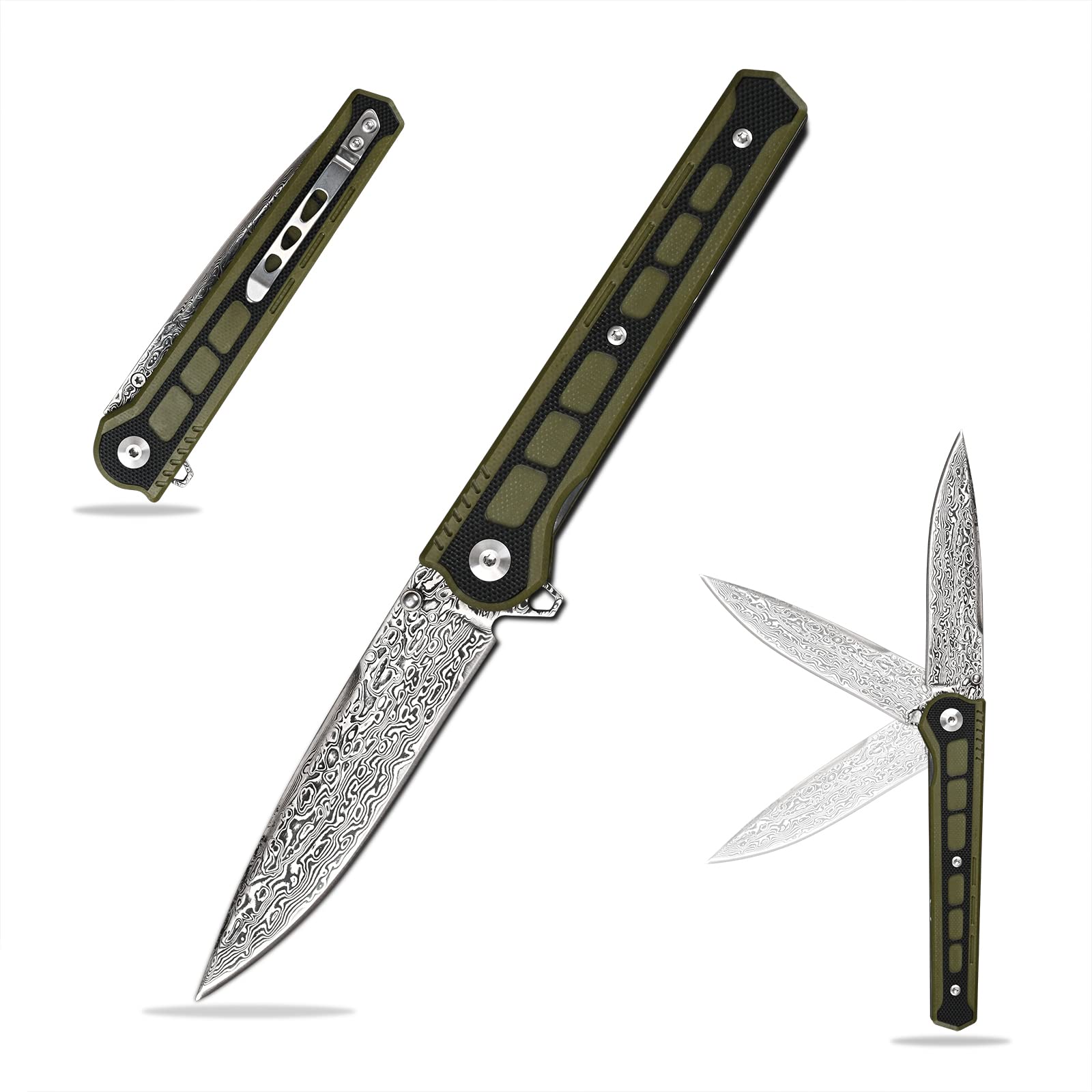 SDOKEDC SD606A VG10 Damascus Folding Knife - Tactical Military Pocket Knife with Ball Bearing Flipper, G10 Handle & Liner Lock - Outdoor Camping, Survival, Hunting & Self Defense Tool (Black Green G10) - Perfect for Hiking, Bushcraft & Everyday Carry