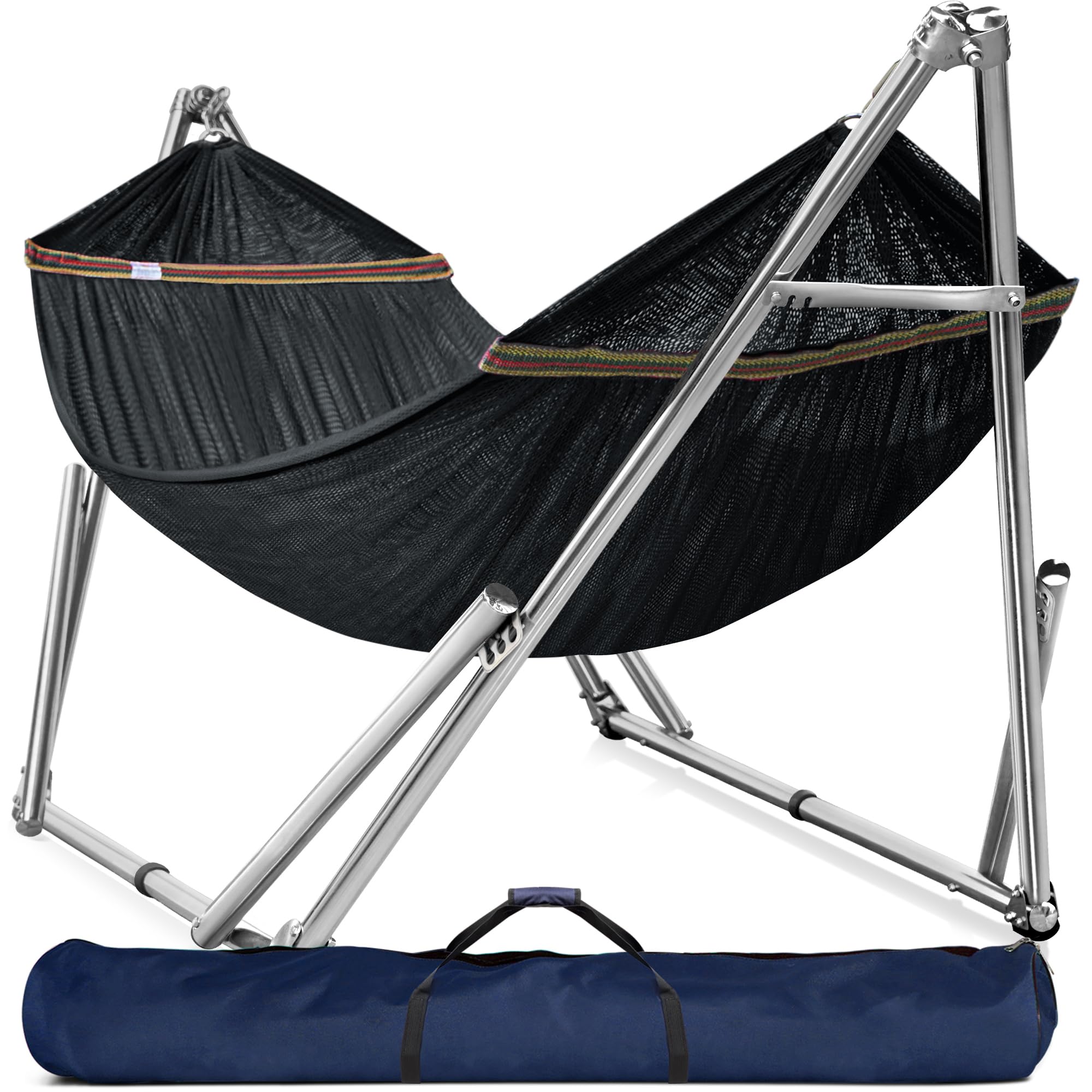 Tranquillo Double Hammock with Stand - 650lb Capacity Heavy Duty Hammock Set with Spreader Bar - Premium 201 Stainless Steel Frame (30 Second Setup) - Portable & Sturdy for Indoor/Outdoor Use - Perfect for Backyard, Patio, Camping & Beach Relaxation - Black