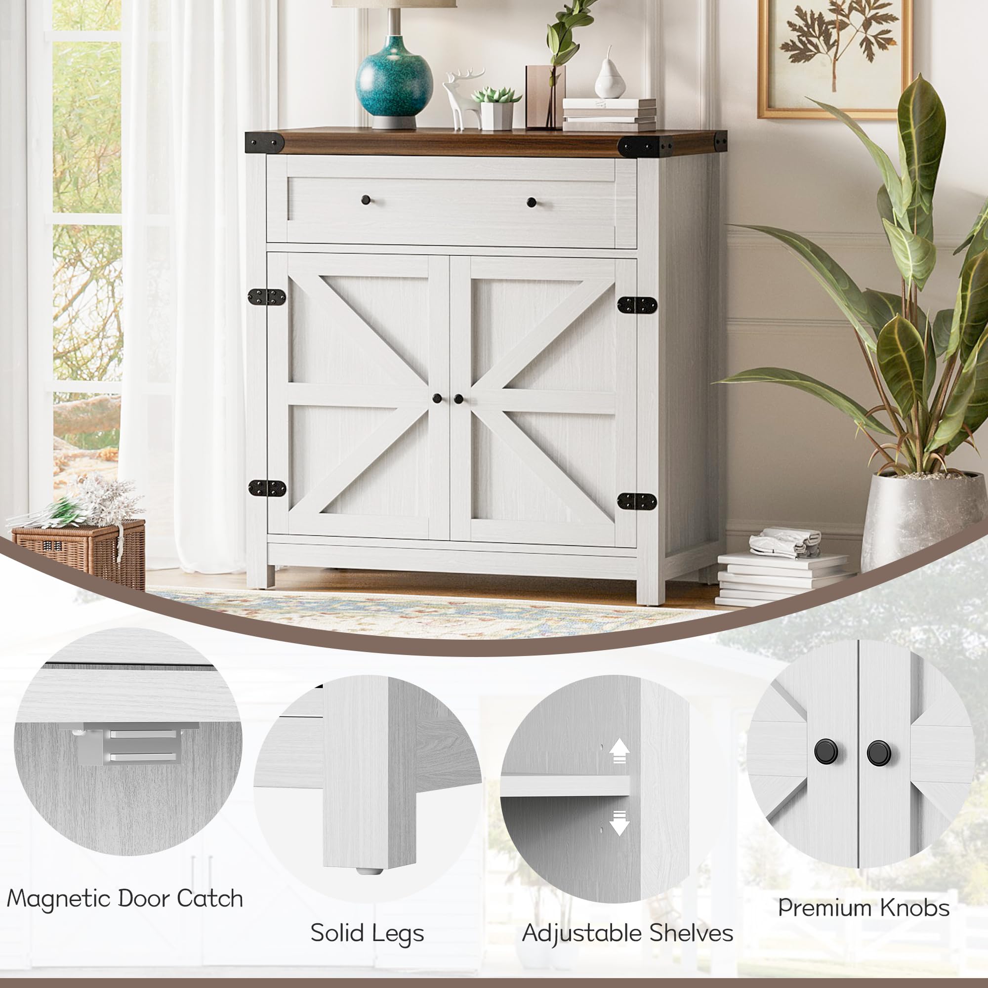 Farmhouse Style Sideboard Buffet Cabinet with Storage - White Coffee Bar Cabinet with 1 Drawer & 2 Barn Doors, Rustic Console Table for Kitchen, Dining Room, Entryway | Perfect for Home Decor, Entertaining & Small Space Storage Solutions