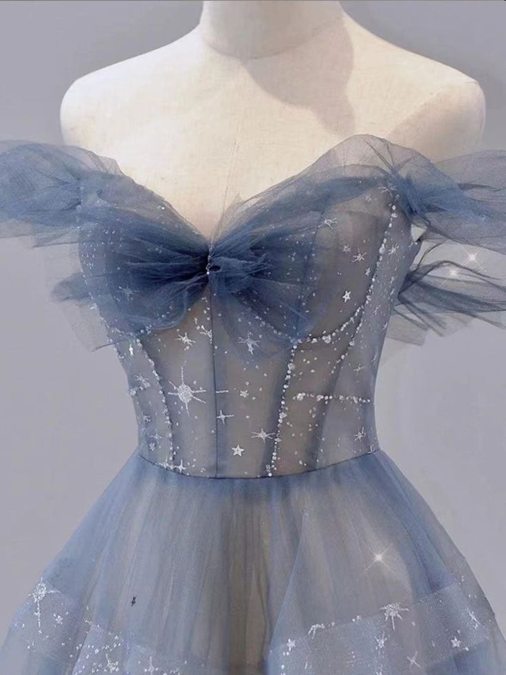 Elegant Off-The-Shoulder Blue Tulle A-Line Long Prom Dress J2563 | Formal Evening Gown for Homecoming, Quinceañera & Special Occasions