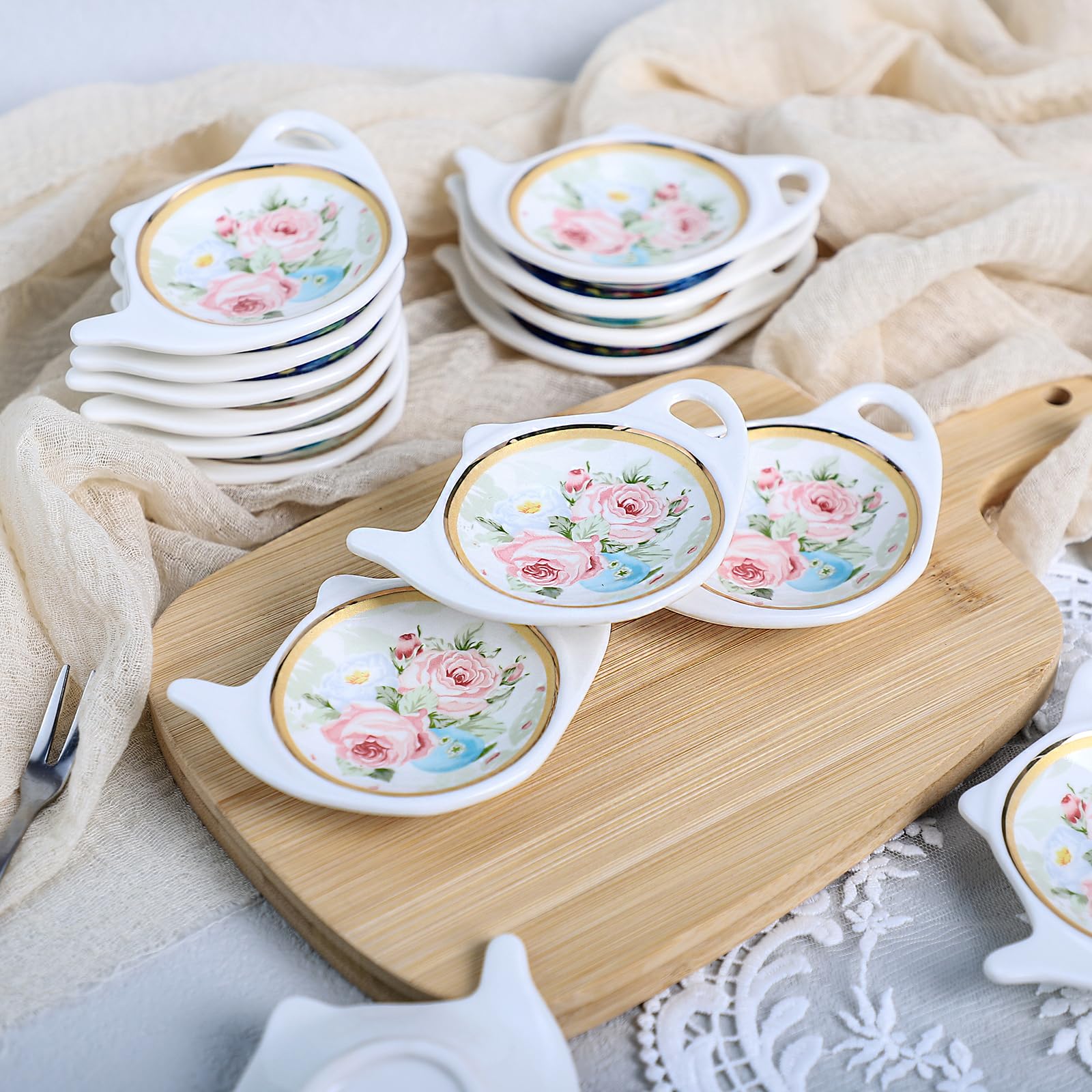Elegant Floral Tea Bag Holder with Gold Trim - Porcelain Teapot-Shaped Coaster & Saucer Set (4 Inch/10cm, 10-Pack) - Perfect for Afternoon Tea, Gifts, and Kitchen Decor