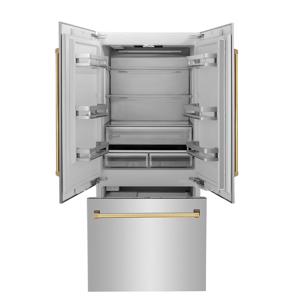 ZLINE Autograph Edition 36 Inch French Door Built-In Refrigerator with Bottom Freezer - 19.6 cu.ft Capacity, Stainless Steel with Polished Gold Accents, Water Dispenser & Ice Maker - Perfect for Modern Kitchens & Luxury Homes (RBIVZ 304 36 G)