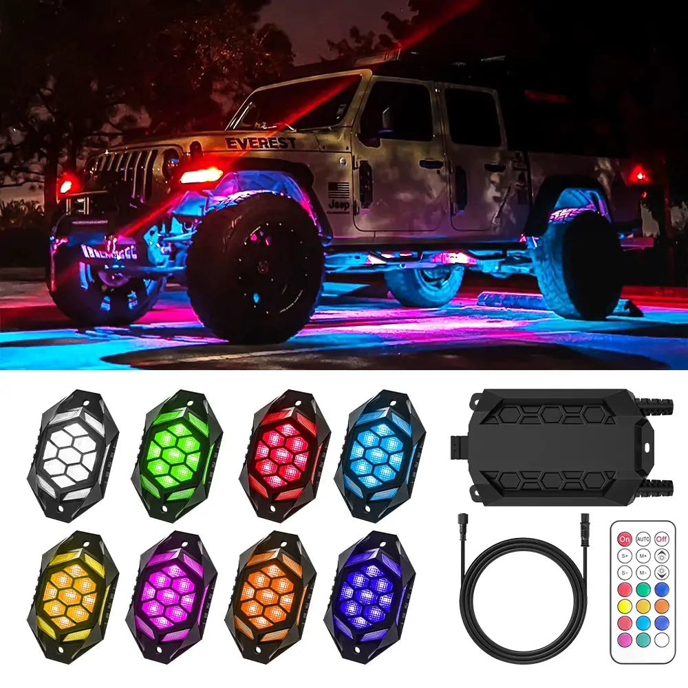 LOYO RGBW LED Rock Lights Kit - 8 Pods Multicolor Underglow LED Lights for Trucks, Jeeps, SUVs | Waterproof, Wireless Remote Control | Perfect for Off-Roading, Car Shows & Night Driving