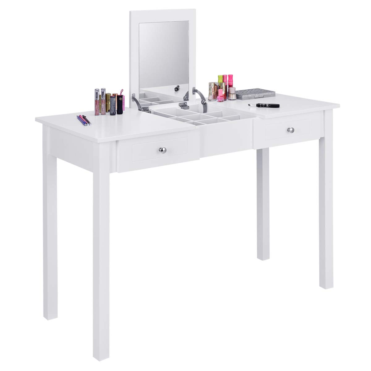 GOFLAME Vanity Table with Flip Top Mirror & 9 Organizers - Makeup Dressing Table with 2 Drawers for Cosmetics Storage - Sturdy White Writing Desk for Bedroom - Easy Assembly Beauty Station for Makeup Lovers & Home Office Use