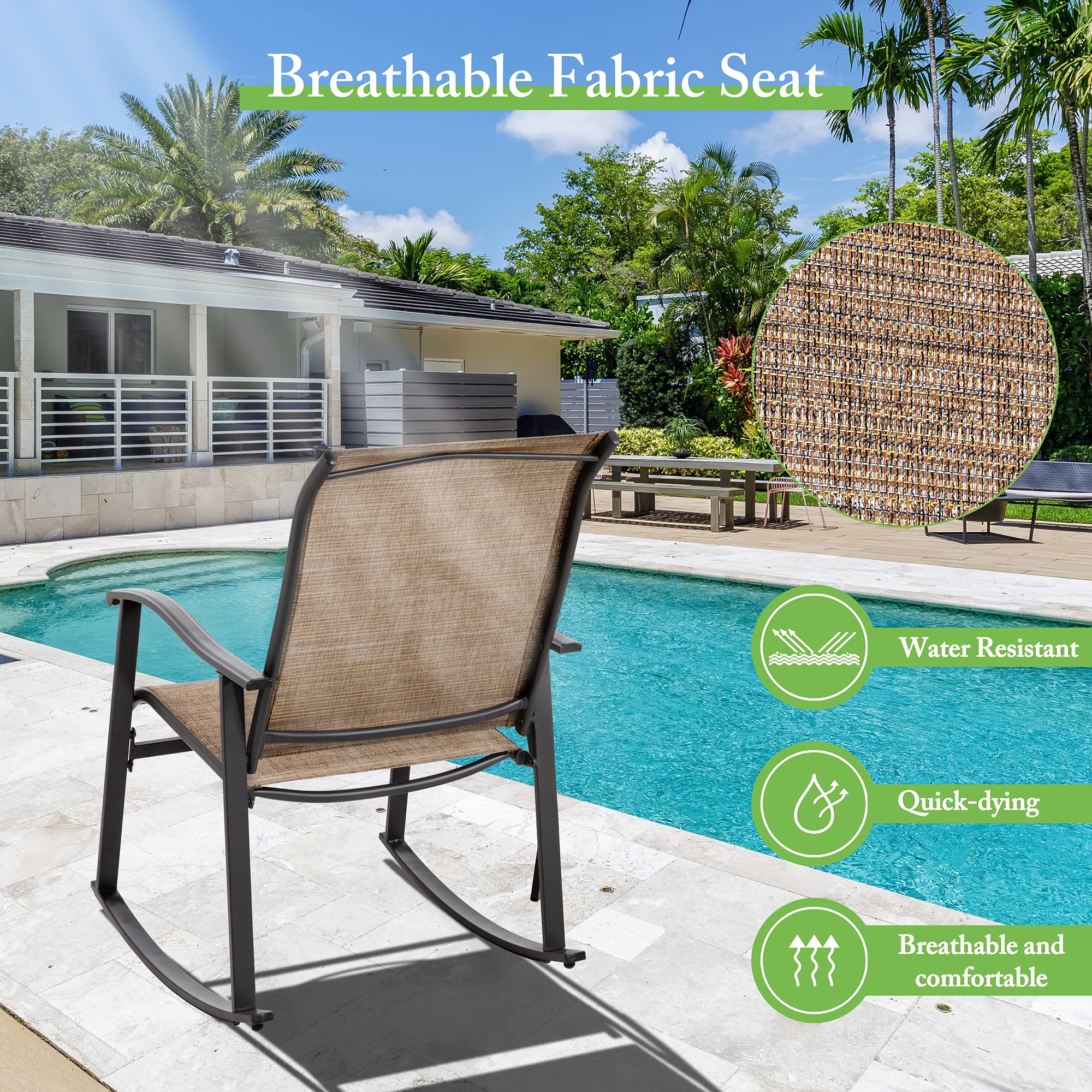 Shintenchi 3-Piece Outdoor Rocking Bistro Set with Rocker Chairs & Glass Coffee Table - Brown Patio Furniture for Small Spaces, Balcony & Porch - Perfect for Relaxing, Entertaining & Enjoying Morning Coffee