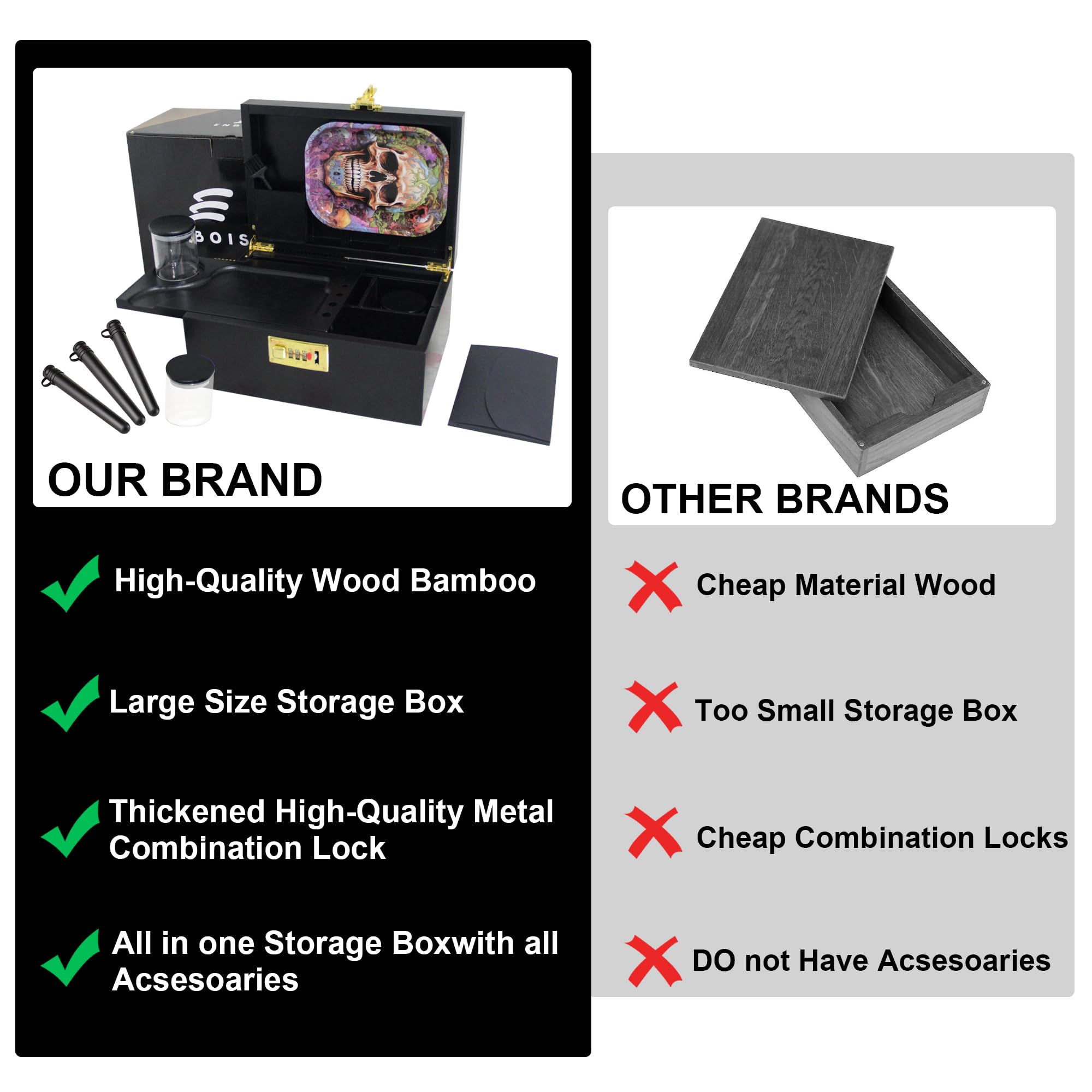 Premium Black Extra Large Odor-Resistant Bamboo Stash Box with Lock - Rolling Tray & Solid Brass Handle - Decorative Storage Box with Removable Dividers - Perfect for Organizing Herbs, Jewelry & Valuables at Home