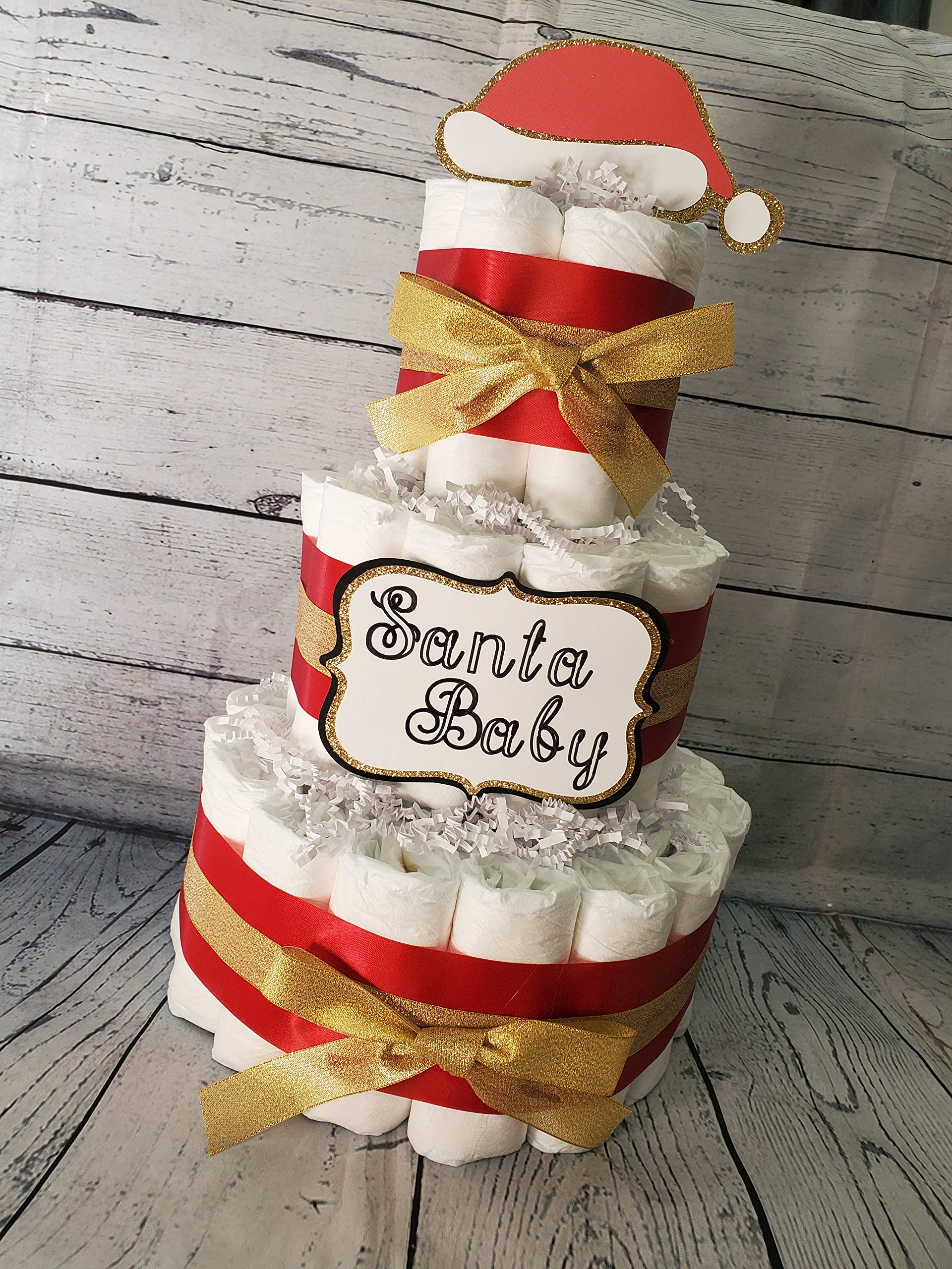 Santa Baby Christmas Theme Diaper Cake 5-Piece Set - 3-Tier Baby Shower Gift (Red/Gold or White) - Perfect for Holiday Baby Showers, Christmas Gifts & Newborn Celebrations