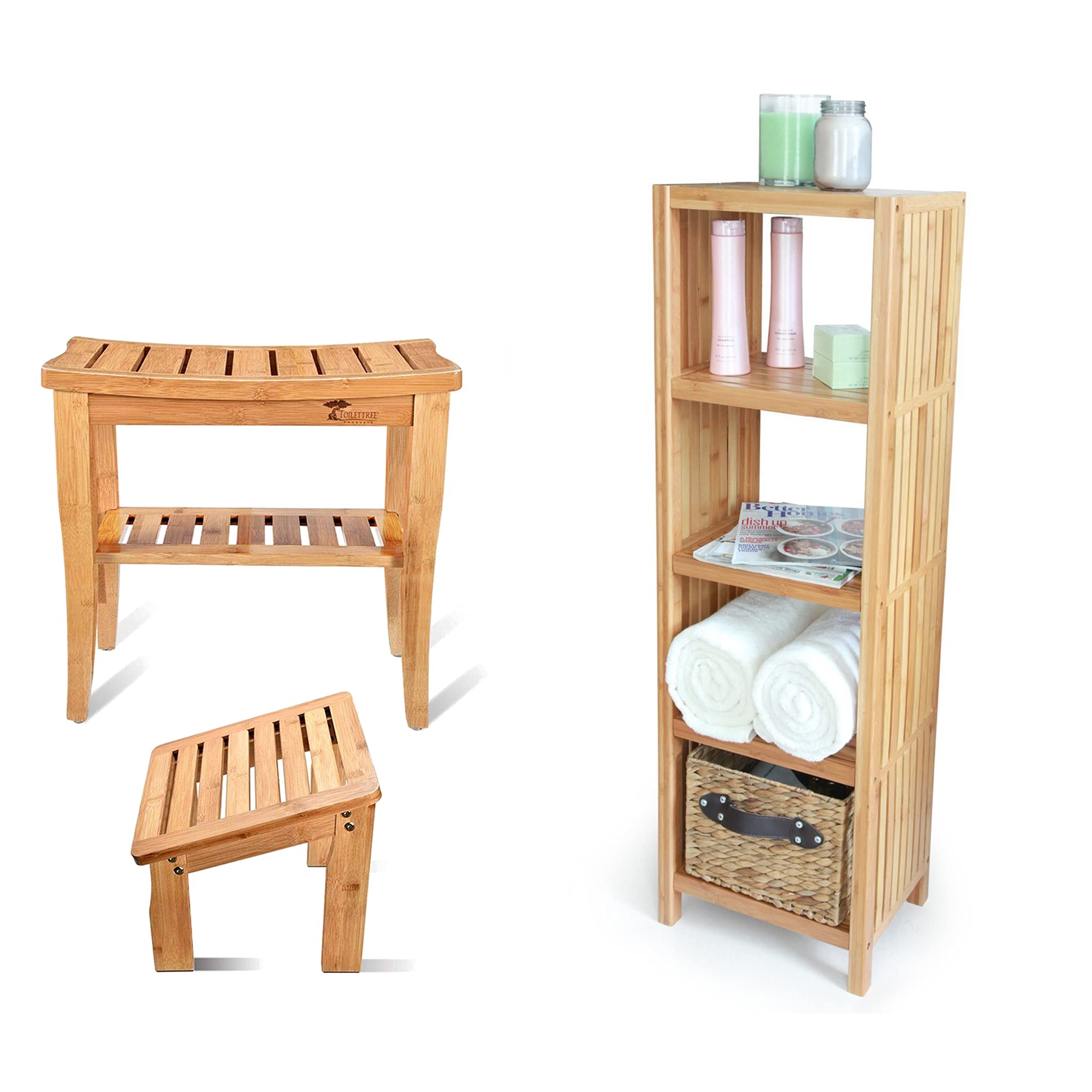 Deluxe Bamboo Shower Seat with Foot Stool & 5-Tier Freestanding Bathroom Organizing Shelf Set - Waterproof & Space-Saving for Seniors, Spa, and Small Bathrooms
