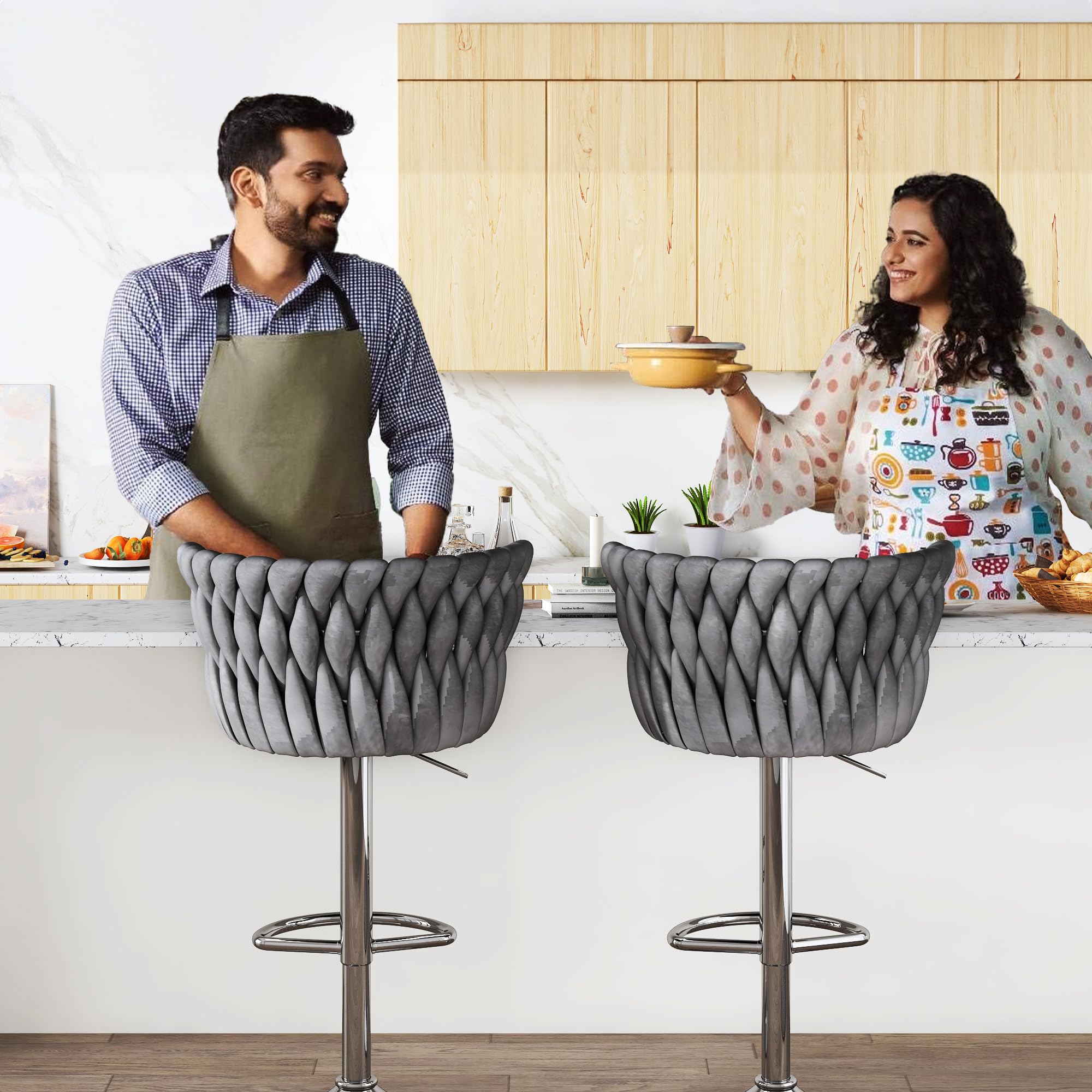AWQM Velvet Bar Stool Set of 2 - Adjustable Height Swivel Kitchen Island Chairs with Back Support & Footrest, Soft Upholstered Counter Stools for Dining Room, Bar or Home Decor (Grey) - Perfect for Breakfast Nooks, Kitchen Islands and Entertaining Guests