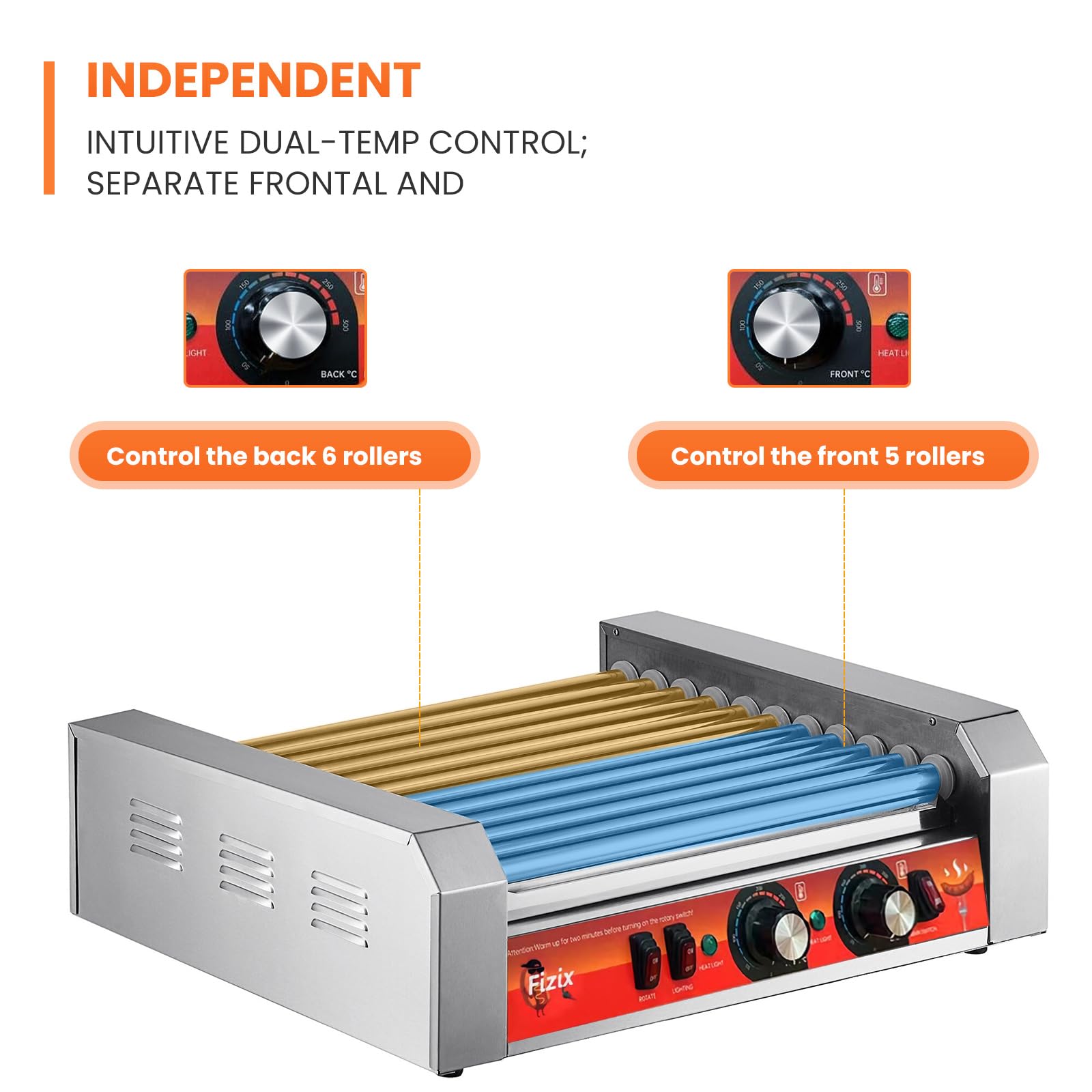 1700W Commercial Hot Dog Roller Machine - 30 Hot Dog Capacity, 11 Non-Stick Stainless Steel Rollers with Dual Temperature Control | LED Light & Detachable Drip Tray | Includes Dust Cover for Restaurant, Food Truck, and Convenience Store Use